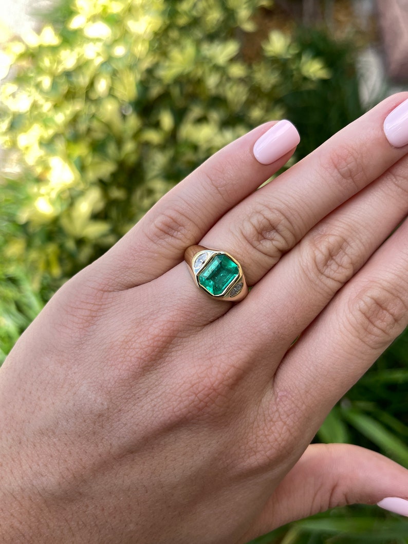 2.80tcw 18K Gold Vivid Medium Green Natural Emerald Cut & Marquise Diamond Three-Stone Bezel Engagement Ring for Women - Perfect for Proposals, Anniversaries and Special Occasions
