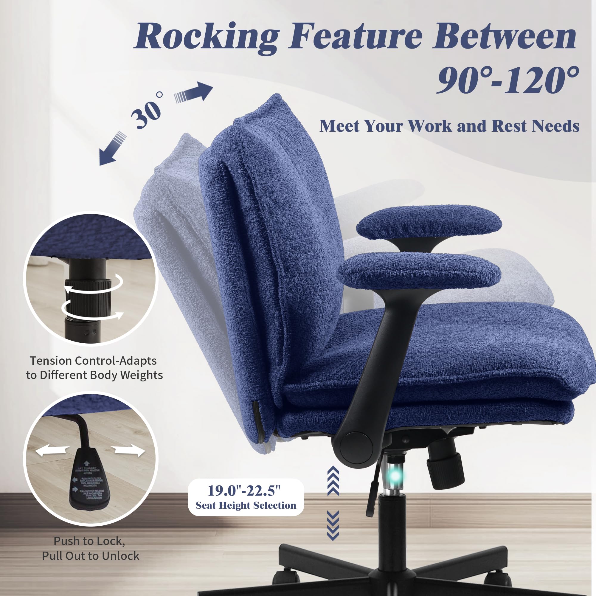 Ergonomic Cross Legged Office Chair with Wheels - Adjustable Flip-Up Armrests & Wide Seat - Navy Blue Upholstered Desk Chair for Home Office, Vanity, Apartment - Perfect for Meditation, Reading & Computer Work