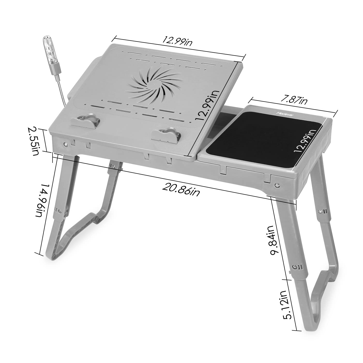 Adjustable Laptop Stand with Cooling Fan & Mouse Pad - Foldable Lap Desk with LED Light & 4 USB Ports - Portable Laptop Table for Bed, Couch, Sofa & Floor Use (Grey) - Perfect for Work, Gaming & Streaming in Bed or Living Room