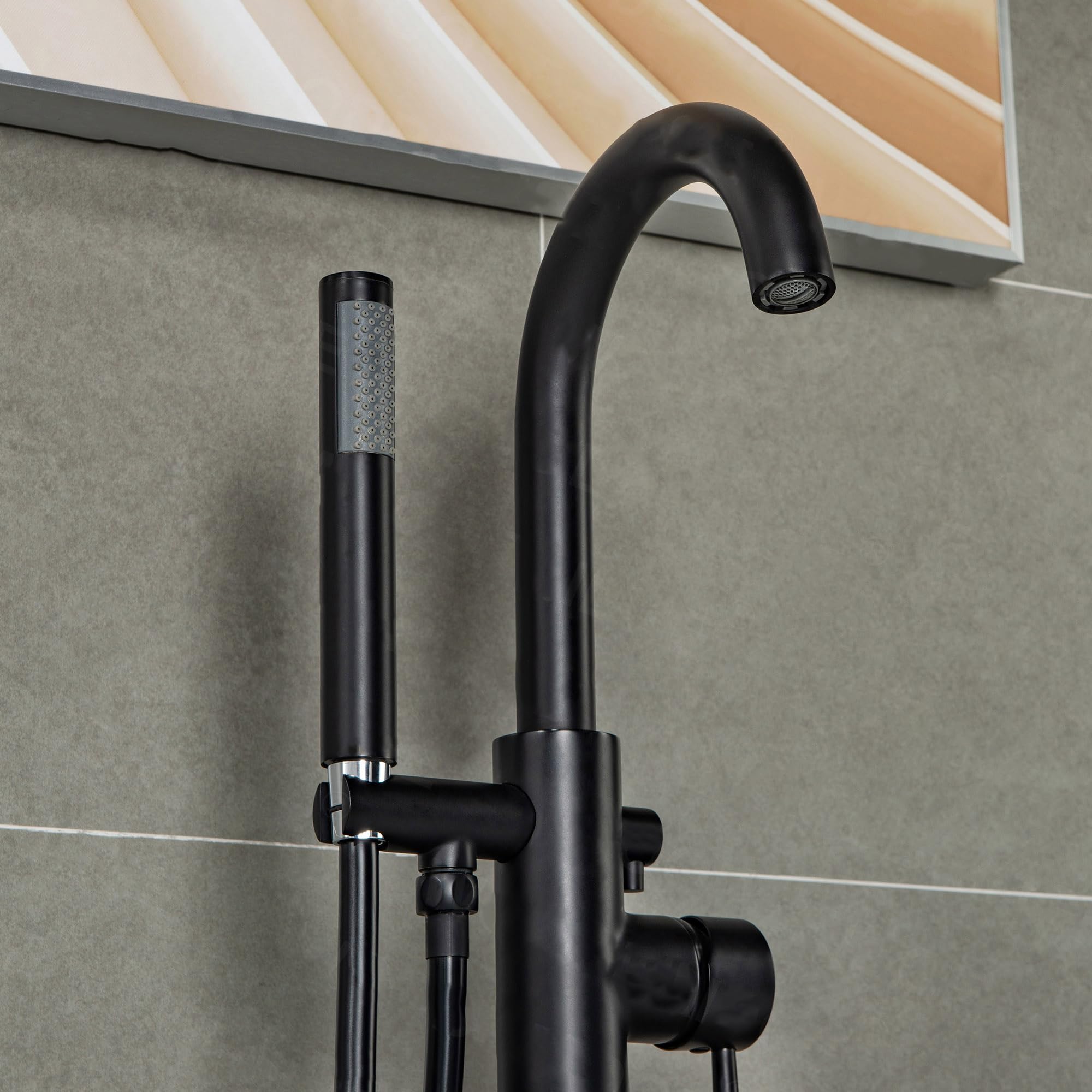 WOODBRIDGE F0006BL Matte Black Freestanding Tub Filler Faucet with Hand Shower - Contemporary Single Handle Floor Mount Bathtub Faucet for Modern Bathroom & Spa Relaxation