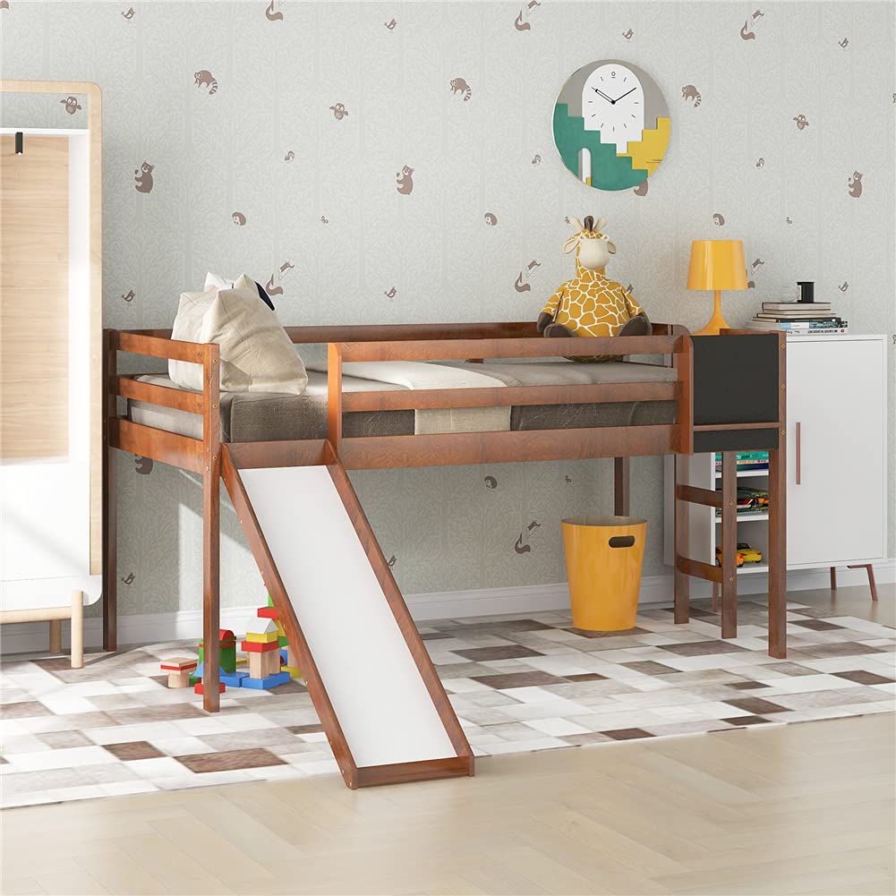 Twin Size Low Loft Bed with Convertible Slide & Ladder - Pinewood Bed Frame with Chalkboard & Guardrails - Space-Saving Kids Bedroom & Guest Room Furniture (Walnut) - Perfect for Small Rooms, Dormitories & Play Areas