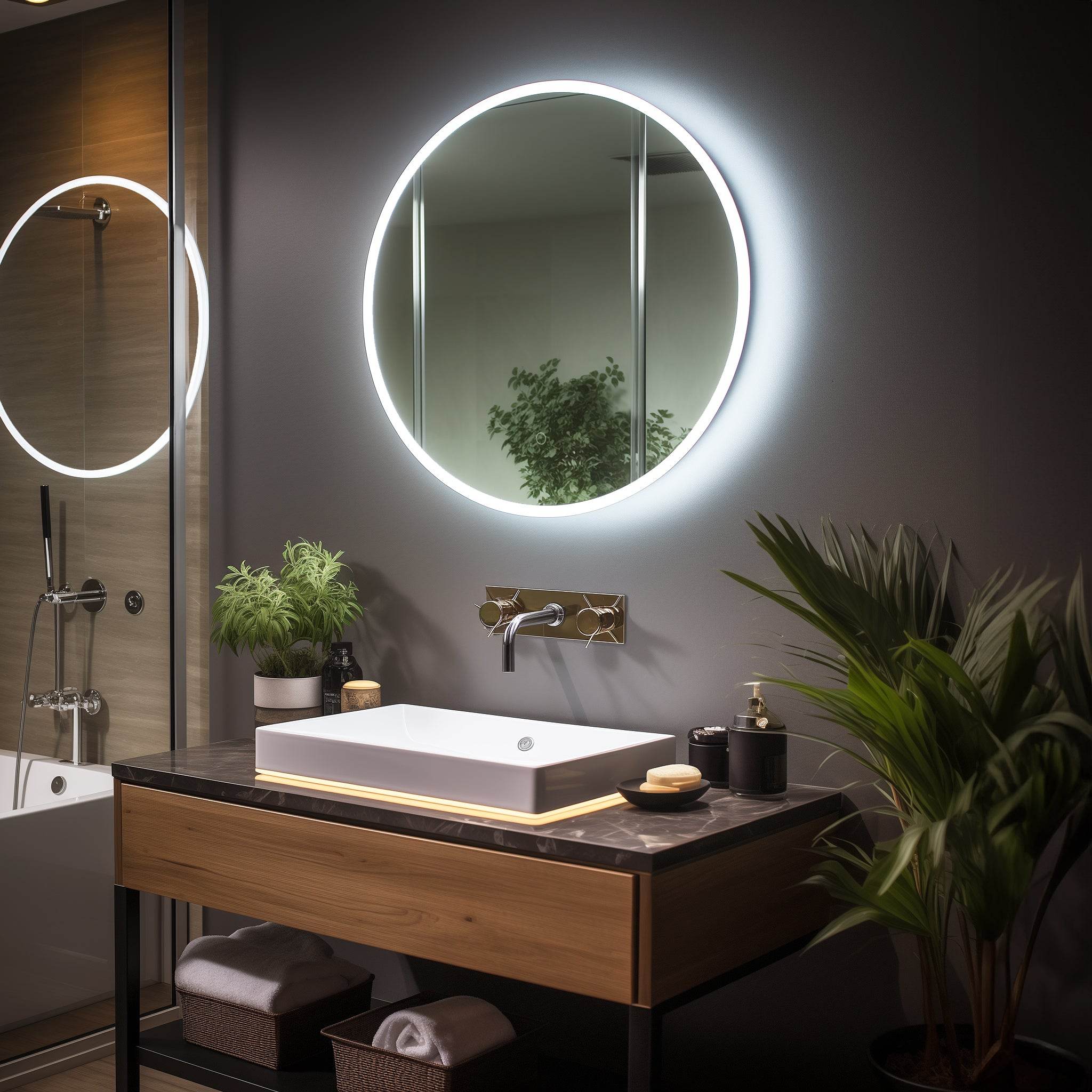 Premium Onyx Round Frameless LED Bathroom Mirror with Defogger - Touch Control & Adjustable Lighting (12