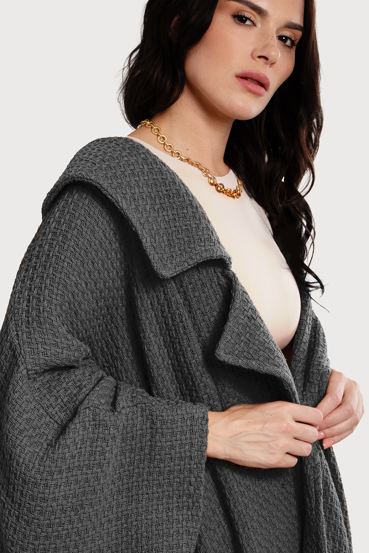 Oversized Waffle Knit Collared Jacket for Women - Cozy Winter Cardigan with Pockets - Perfect for Casual Outfits, Lounge Wear & Coffee Dates