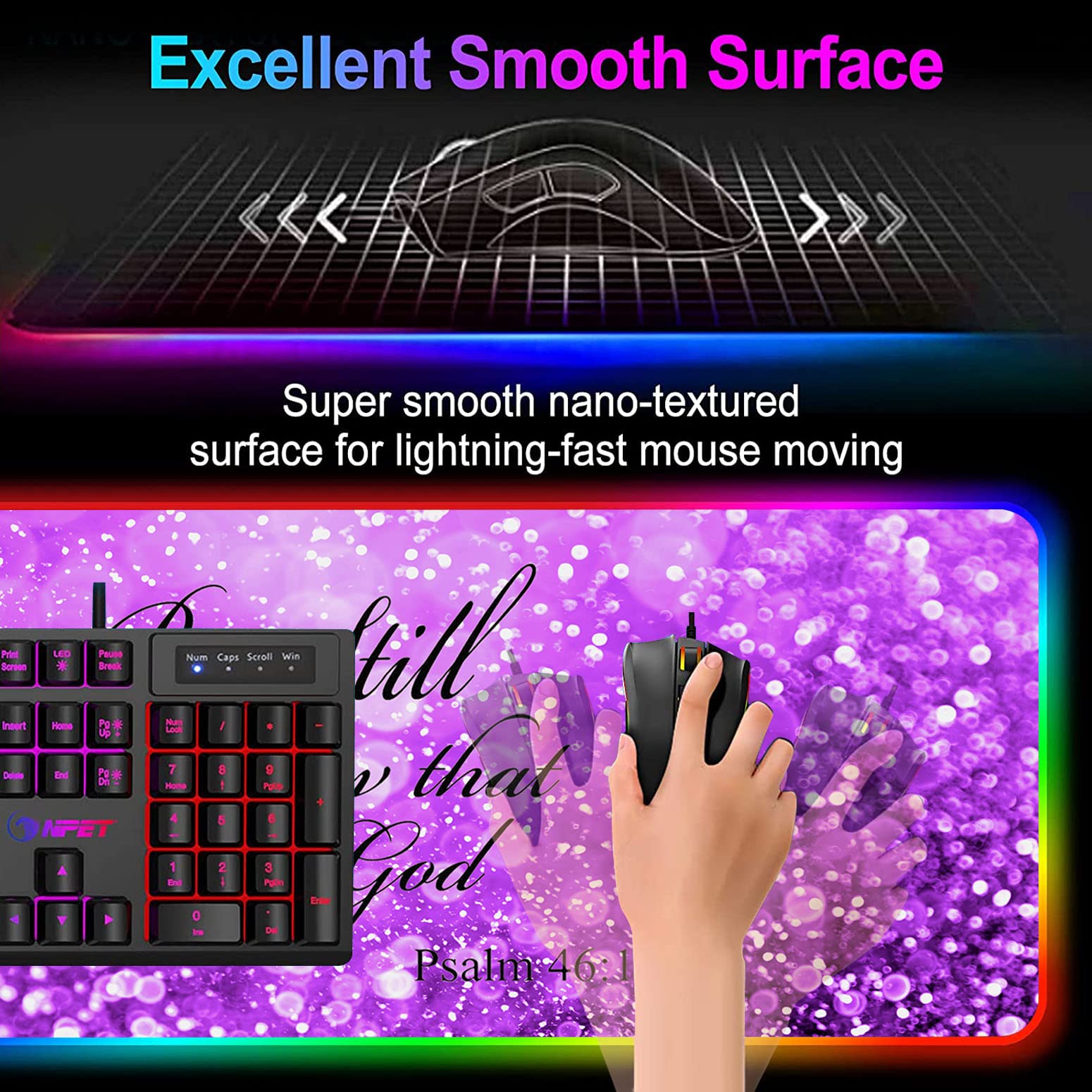 RGB Gaming Mouse Pad with LED Lights - Large Non-Slip Desk Mat for Keyboard & Mouse - Purple Glitter Design with Psalm 46:10 Bible Verse - Perfect for PC Gaming, Office Work & Streaming Setup