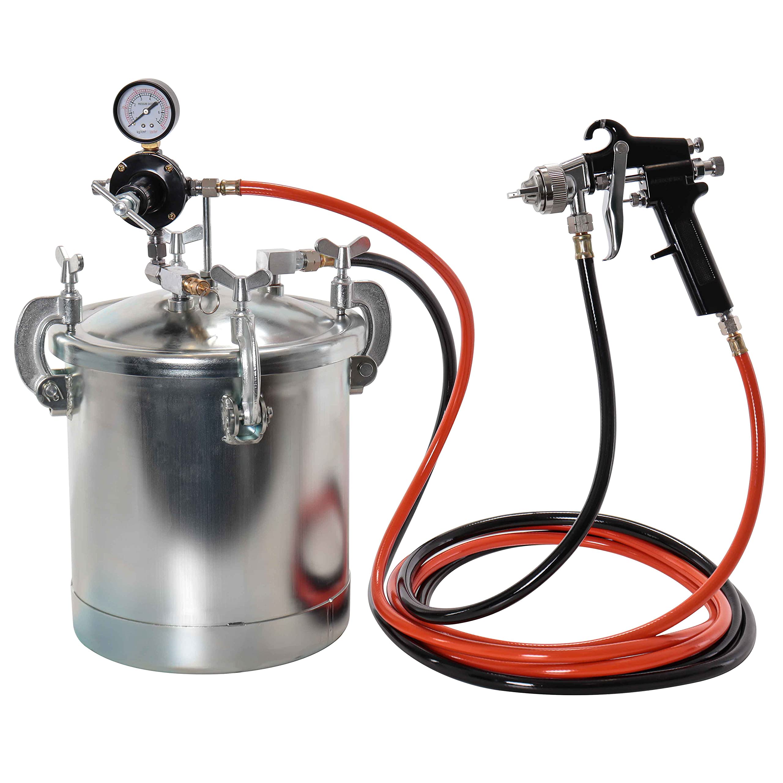TCP Global 1.5mm Nozzle Pressure Tank Paint Spray Gun Kit - 2.5 Gallon Pressure Pot with Master Elite Series 12ft Air & Fluid Hose Assembly - Perfect for Automotive Painting, Furniture Refinishing, and DIY Home Projects