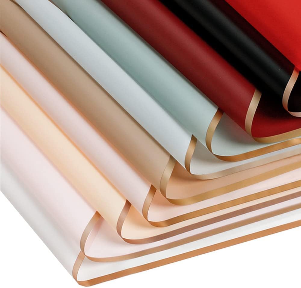 Premium Waterproof Golden Border Gift Wrapping Paper - 10 Sheets Pack | Korean Style Bouquet Wrapping for Birthdays, Weddings & Special Occasions | Arts & Crafts, DIY Gift Presentation | Random Color Mix