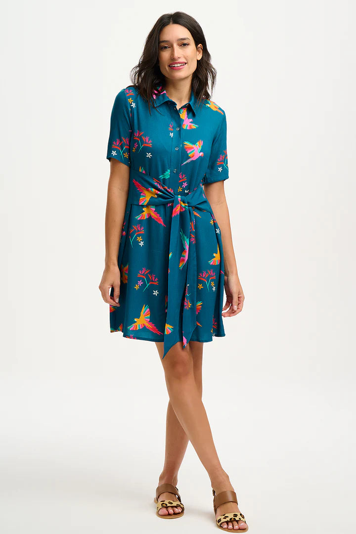Stylish Dessie Shirt Dress with Teal Rainbow Parrots Print - Women's Flowy Casual Tunic Top for Summer Outings, Beach Vacations & Boho Fashion