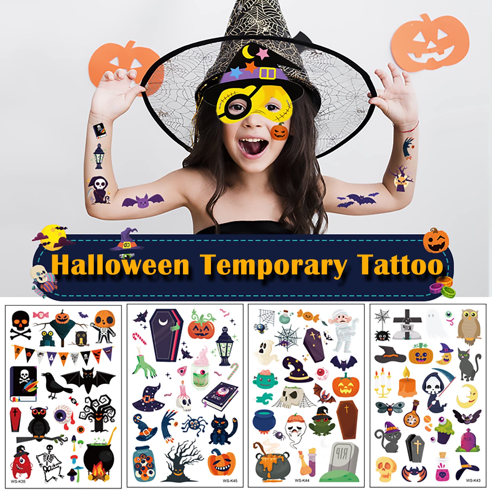 300 PCS Temporary Tattoos - 20 Sheet Waterproof Halloween Pumpkin Witch Skeletons Tattoo Stickers for Kids, Teens & Adults | Perfect for Halloween Parties, Costume Accessories & Spooky Decorations