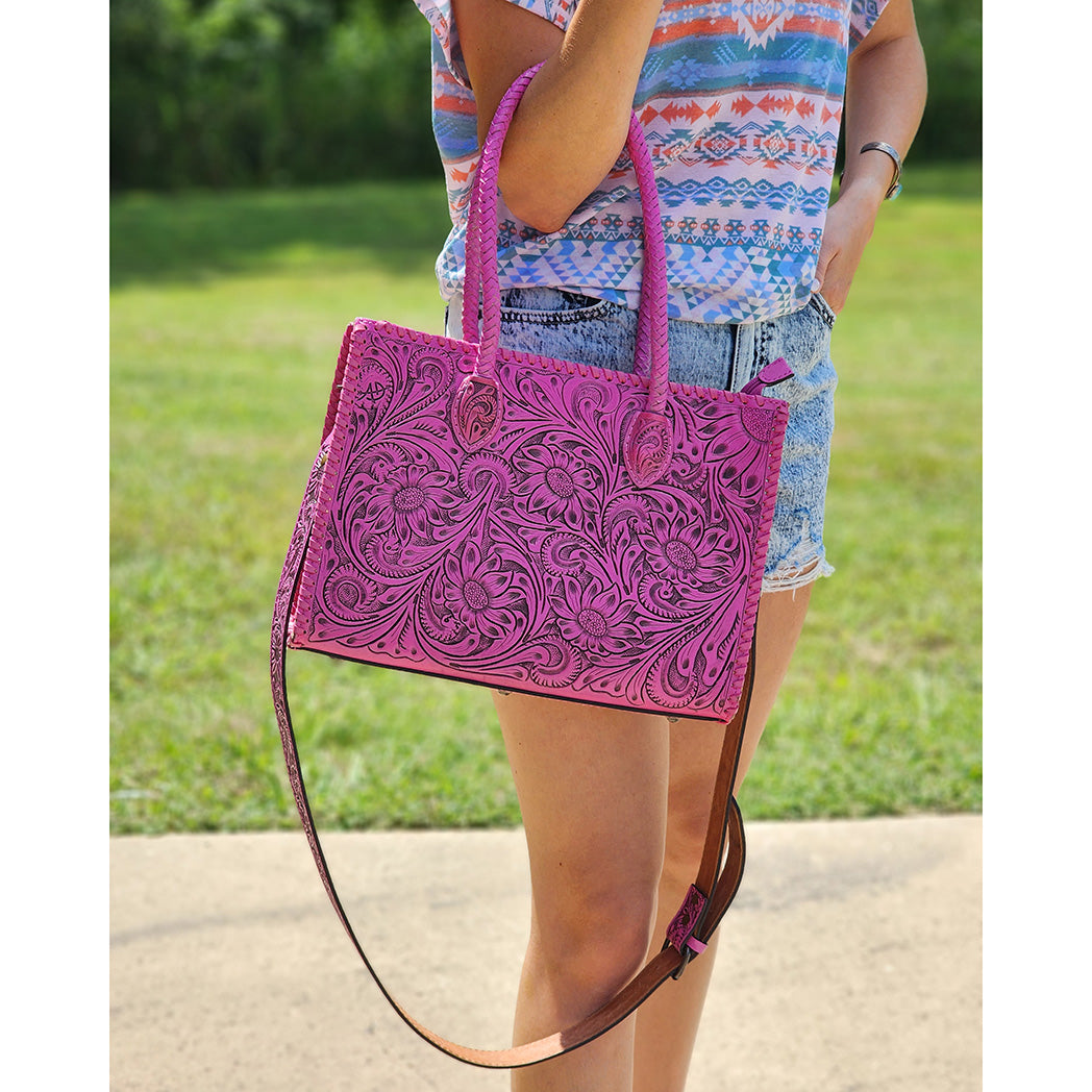 American Darling Fully Tooled Pink Leather Tote Bag for Women - Stylish Handbag for Work, Travel & Everyday Use