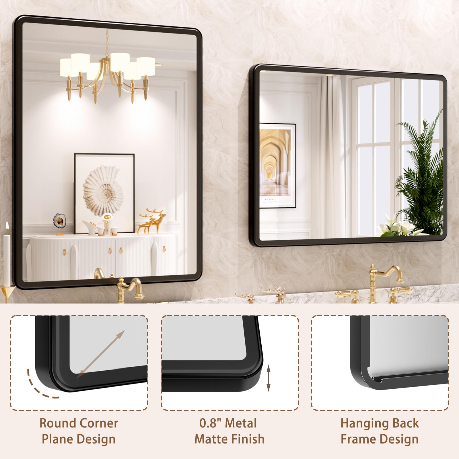 22X30 Inch Black Metal Frame Wall Mounted Bathroom Mirror - Rounded Rectangle Vanity Mirror with Tempered Glass for Bathroom, Bedroom & Living Room - Perfect for Modern Home Decor and Daily Grooming