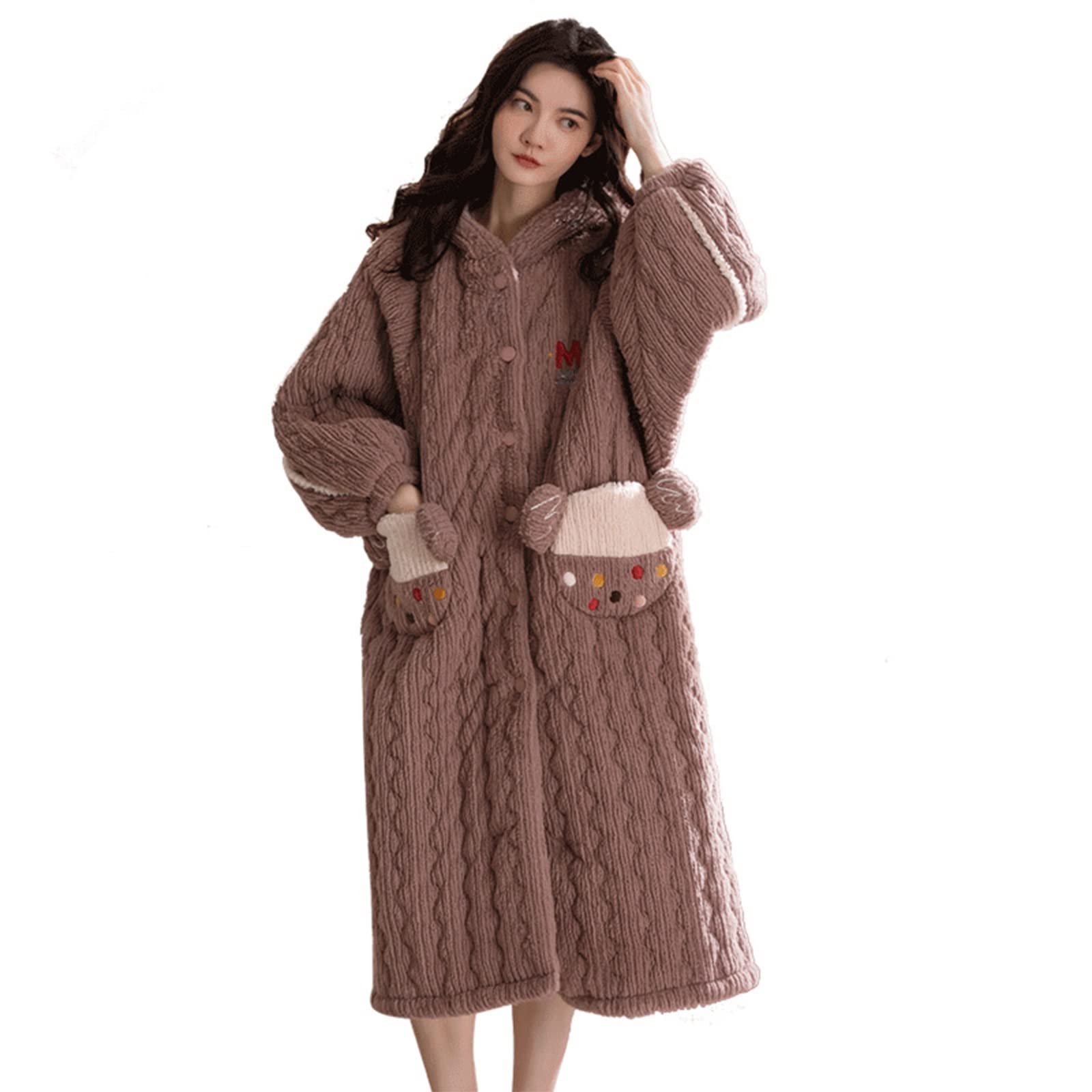 GHYUB Plush Soft Fleece Bathrobe - Luxurious Hooded 3-Layer Nightgown for Women & Men, Winter Coral Velvet Thickened Robe (Brown, Large) | Cozy Loungewear for Spa, Home Relaxation & Cold Weather