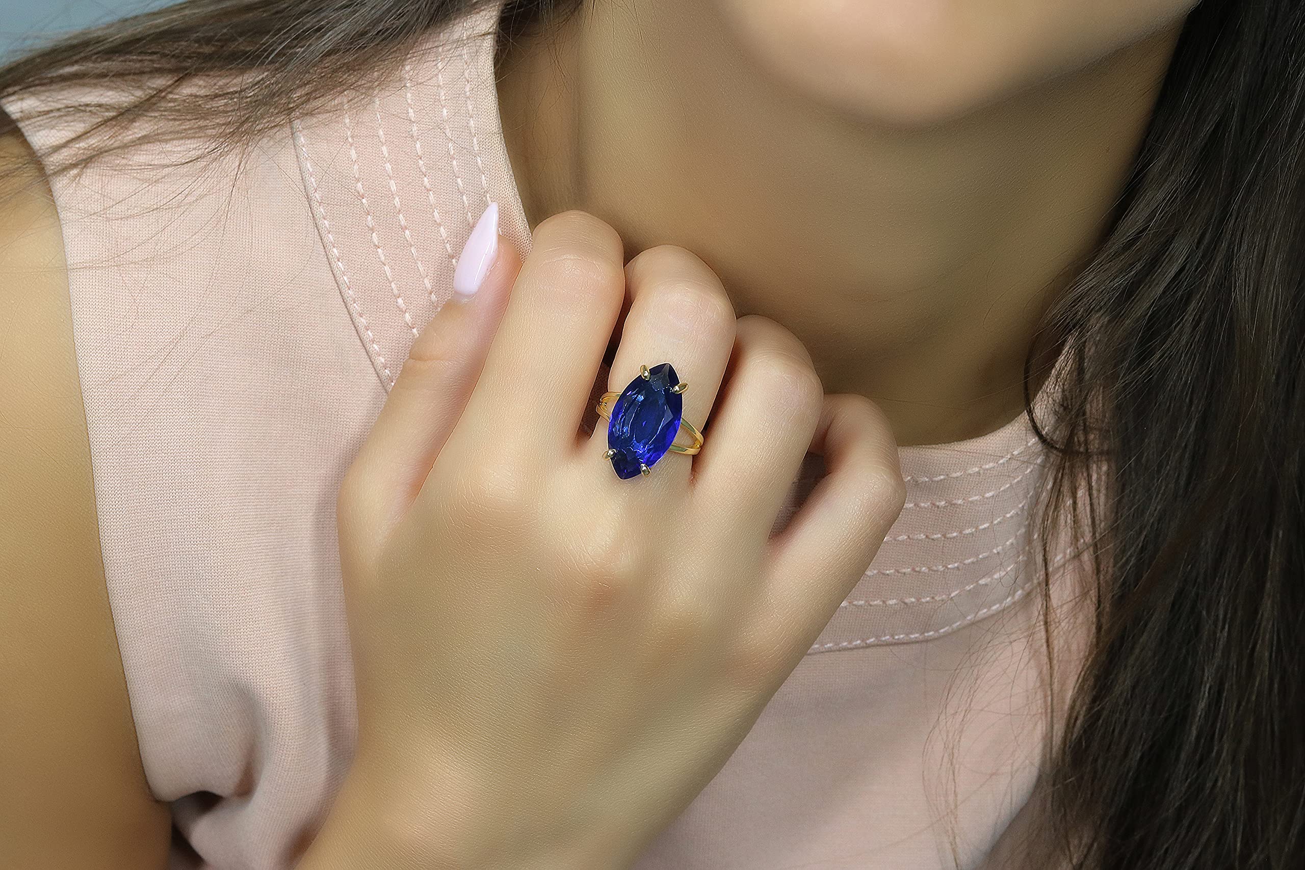 14K Gold Marquise Sapphire Ring - Custom Fashion Statement Ring, September Birthstone Jewelry - Perfect for Weddings, Anniversaries & Birthdays - Personalized Size - Ideal for Engagement, Gift Giving & Special Occasions
