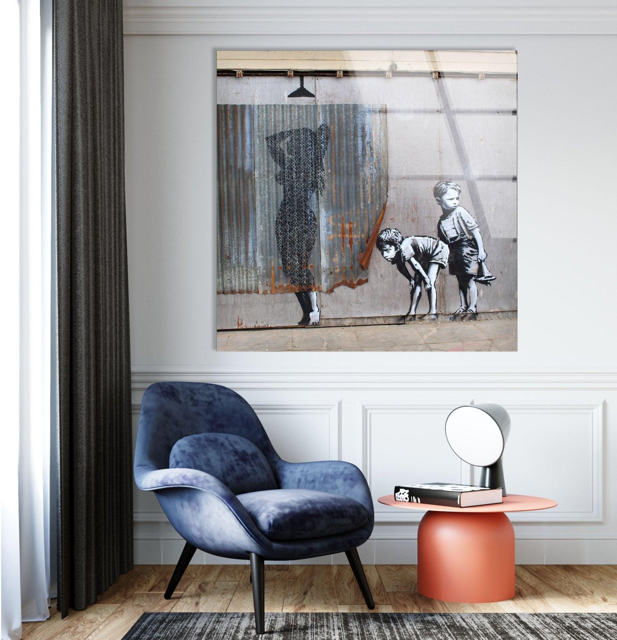 Banksy Shower Peeping Boys Framed Glass Wall Art - Modern Home Decor for Living Room, Bedroom & Office