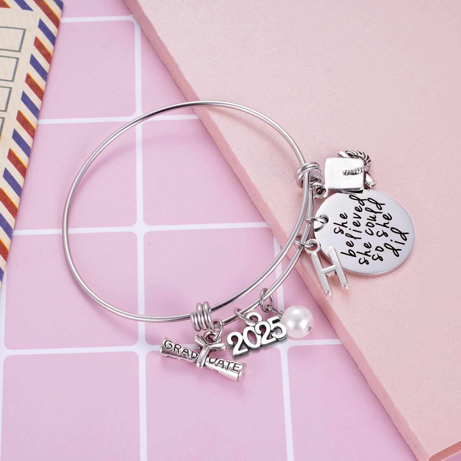 Ukodnus Class of 2025 Graduation Bracelet - Personalized 26 Initial Charm Bracelet for High School & College Graduates - Inspirational Gift for Her - Perfect for Graduation Ceremonies, Senior Week & Alumni Celebrations