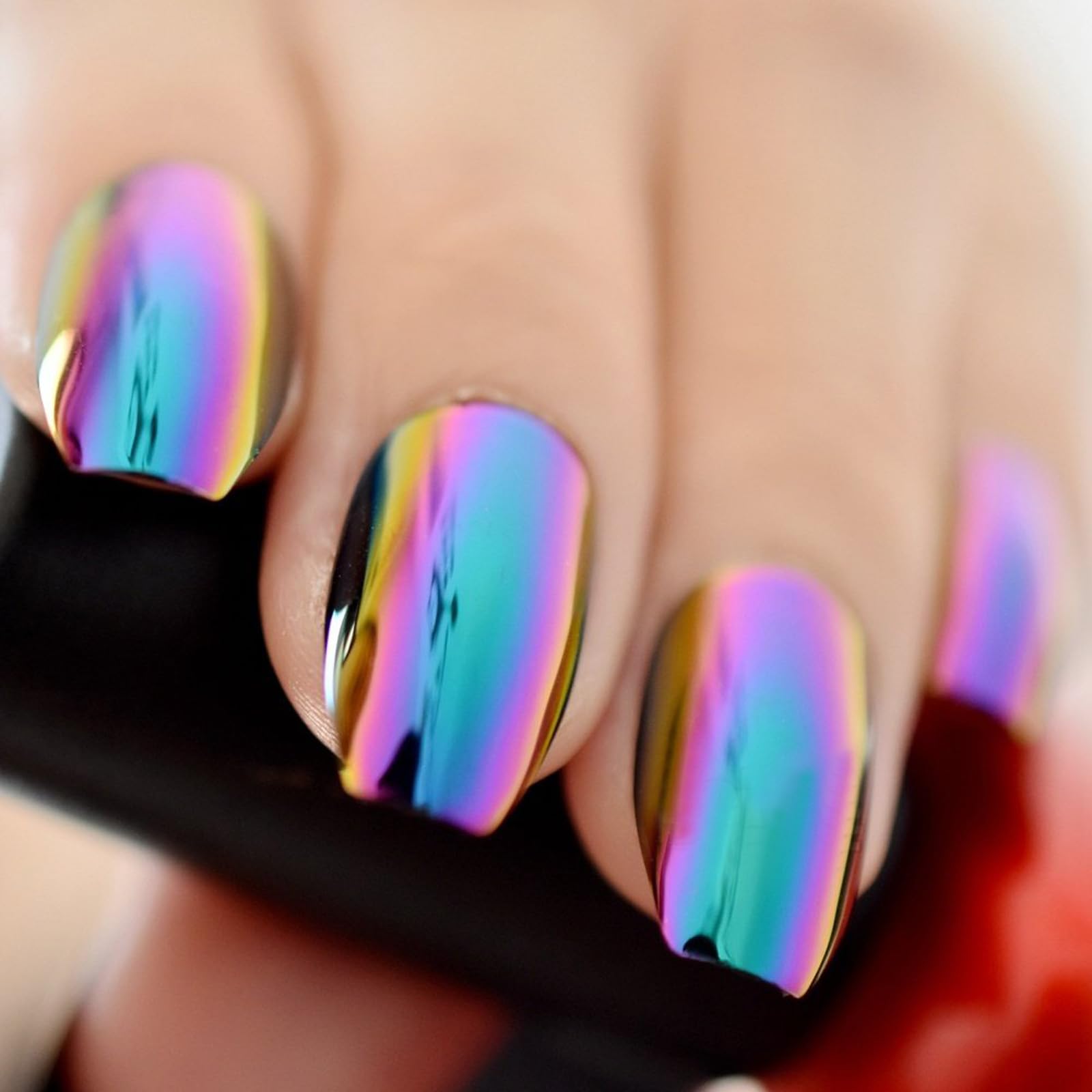 Premium Holographic Blue Purple Coffin Fake Nails - Mirror Chrome Square Press-On Nails for Women - Long-Lasting High-Quality Acrylic Nail Tips (Z905) - Perfect for Parties, Weddings, and Special Occasions