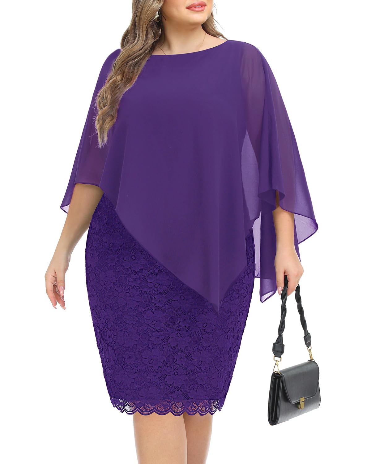 Elegant Plus Size Wedding Guest Dresses for Mother of the Bride - Semi Formal Lace Cape with Chiffon Overlay | Perfect for Church Ceremonies, Garden Parties & Formal Events