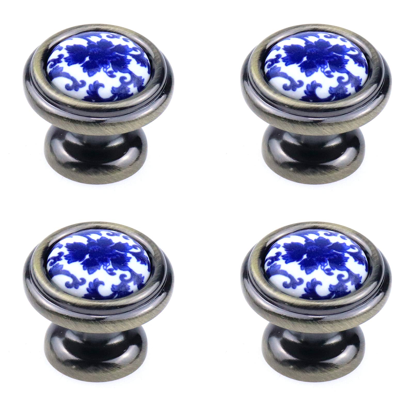 Antique Bronze Blue Floral Ceramic Knobs - Pack of 4 for Cabinets & Drawers