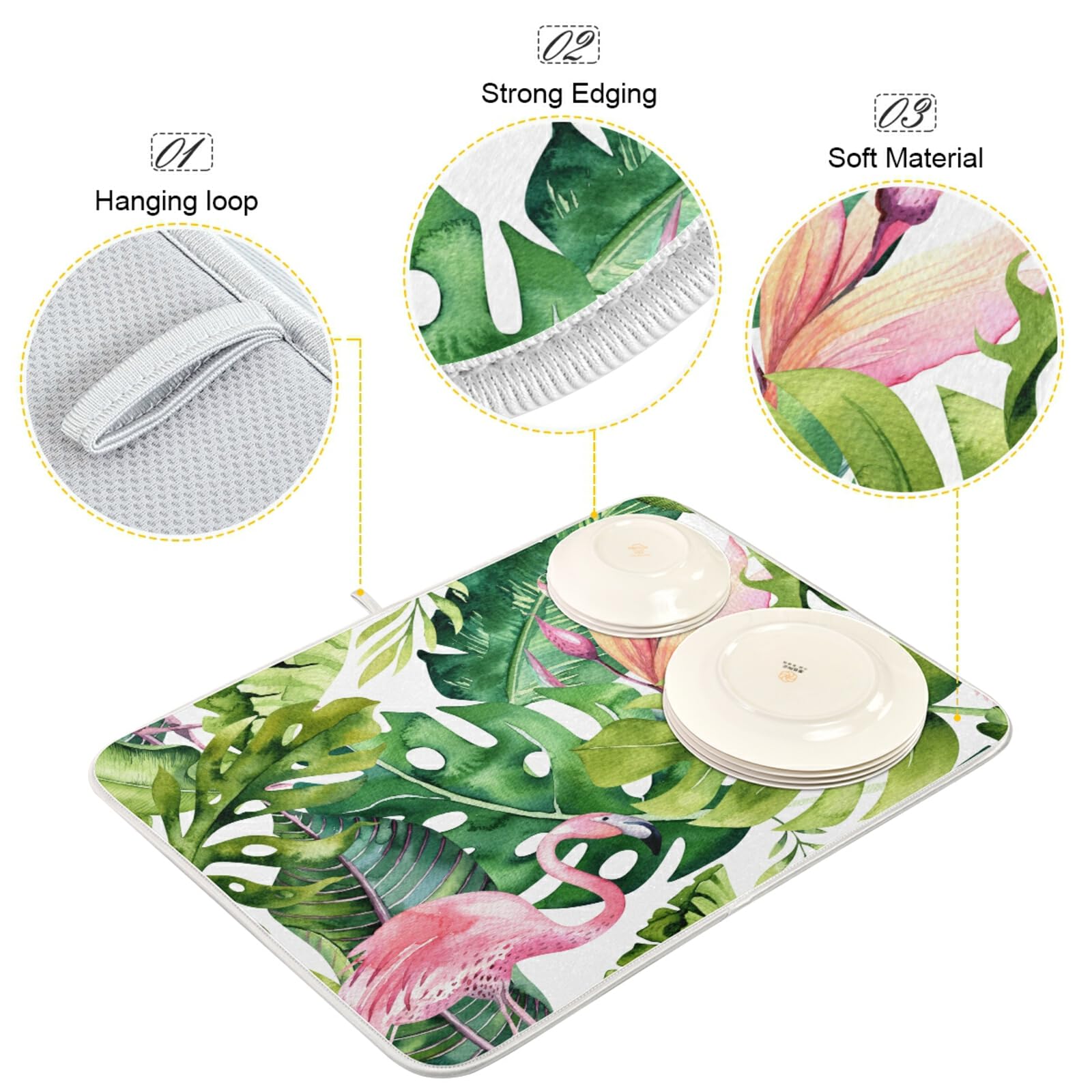 Floral Dish Drying Mat - 18x24 Inch Absorbent Microfiber Kitchen Counter Mat | Washable & Quick-Drying Dish Rack Pad | Perfect for Drying Dishes, Utensils & Cookware | Ideal for Countertops, Sinks & Kitchen Islands