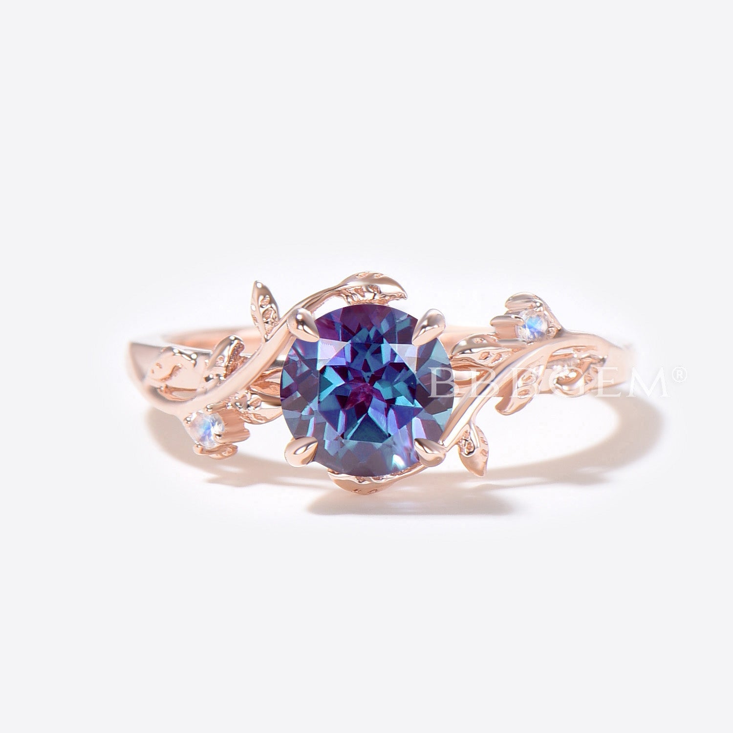 Rose Gold Leaf Round Alexandrite Engagement Ring Set - Vintage Branch Vine Moonstone Wedding Band - Perfect for Bridal Jewelry, Anniversary Gifts & Romantic Proposals
