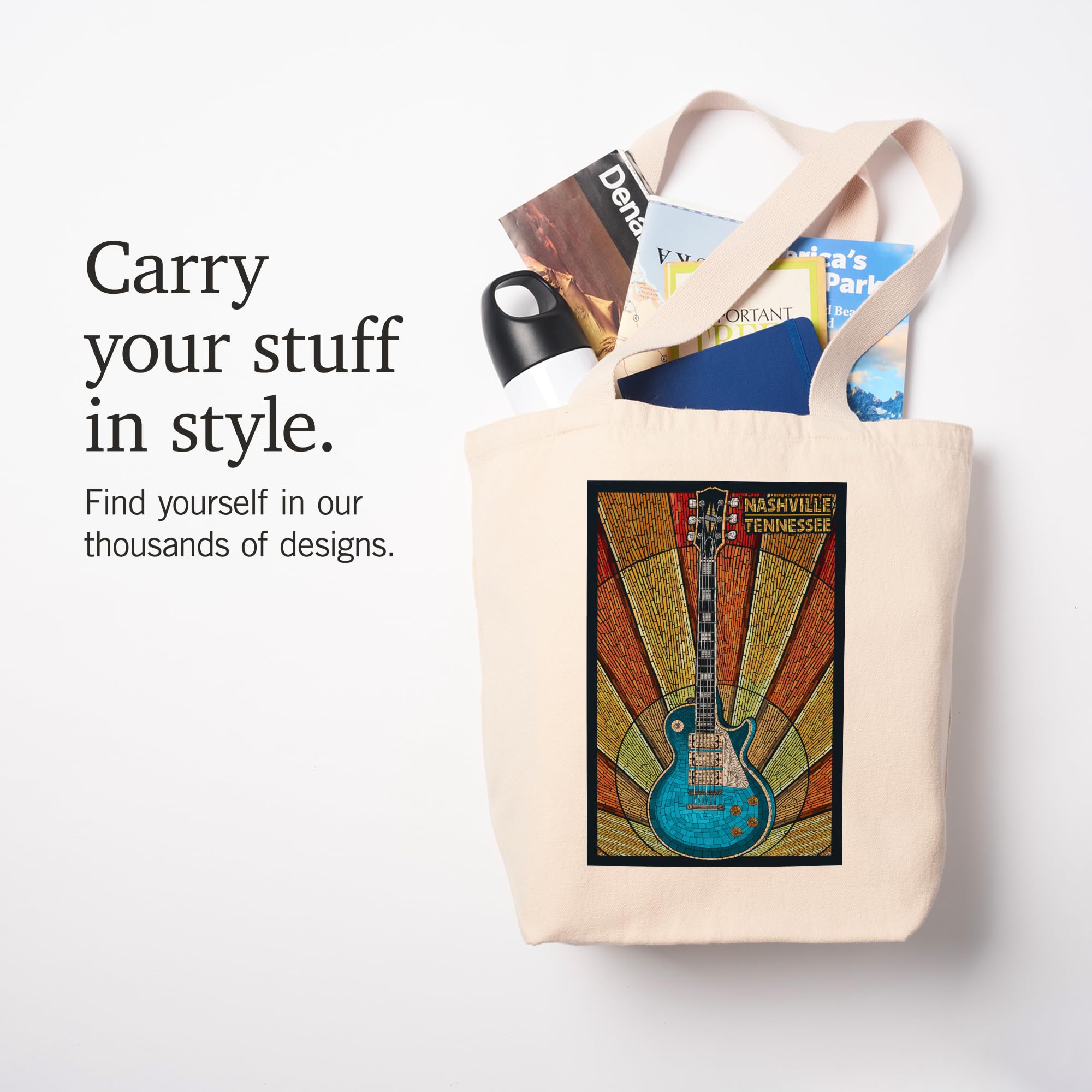 Nashville Tennessee Guitar Mosaic Tote Bag - 100% Cotton Canvas Reusable Shopping Bag - Perfect for Groceries, Beach Trips & Music Festival Essentials