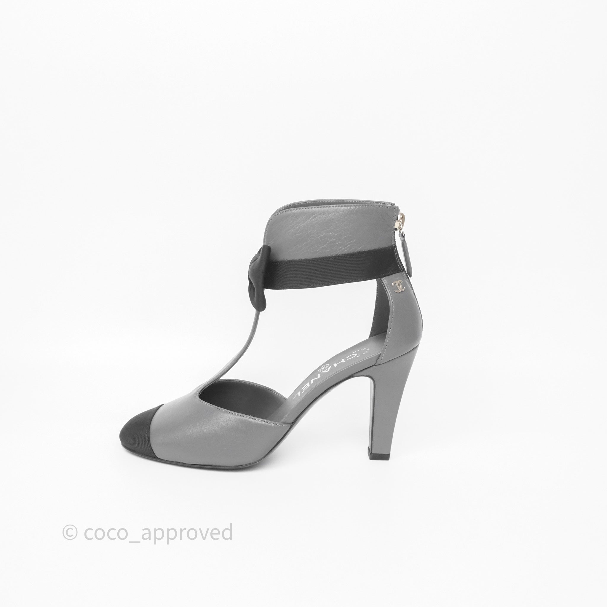 Chanel Cap Toe Bow Ankle Strap Sandals - Grey & Black Lambskin Leather - Perfect for Summer Weddings & Evening Events