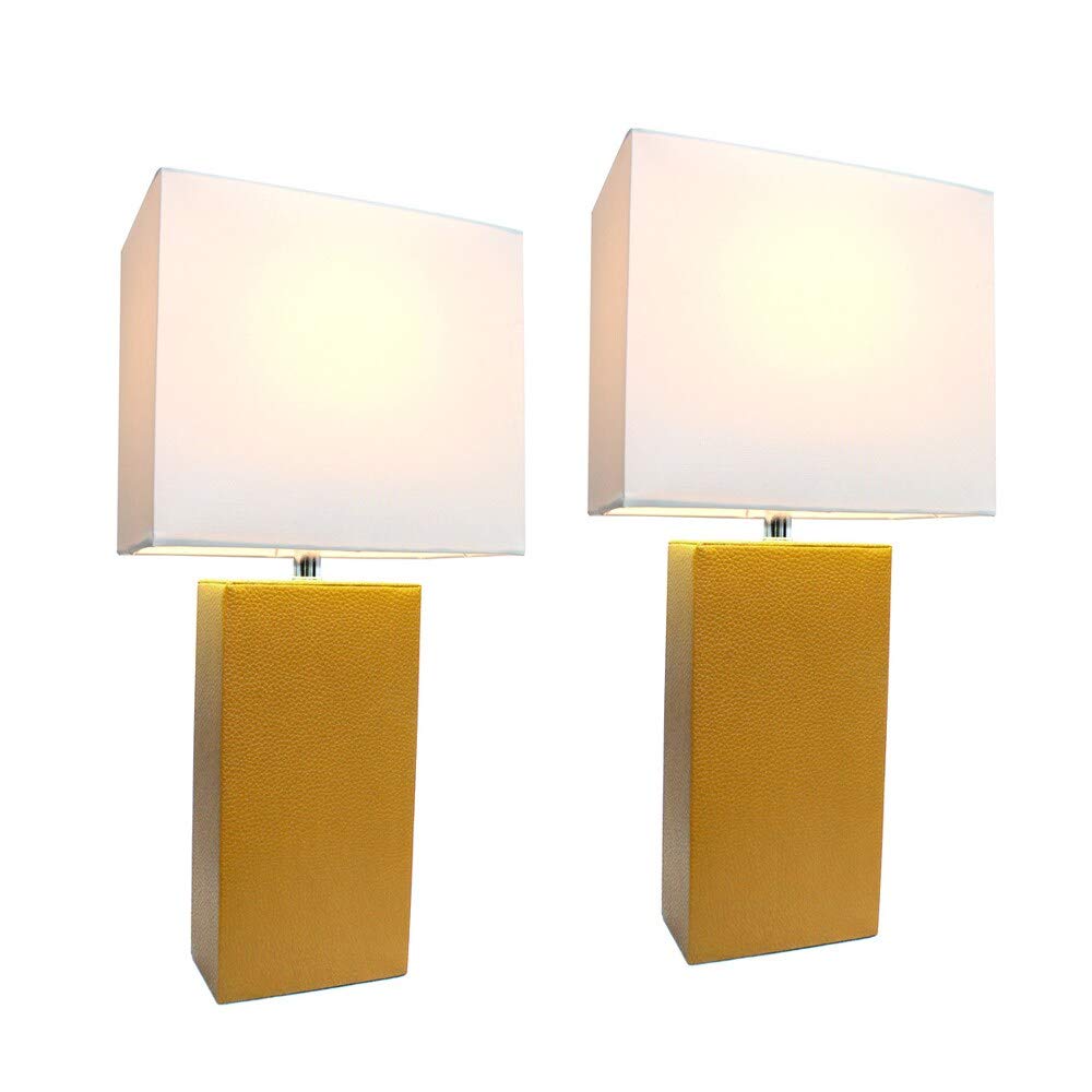 Modern Tan Leather Table Lamps with White Fabric Shades - Set of 2, Contemporary Bedside Lighting for Bedroom, Living Room, or Office Decor