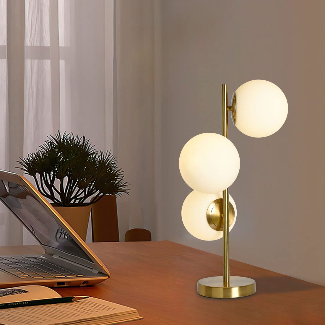 Modern 3-Light Gold Glass Desk Lamp with White Frosted Globe Shade - Plug in Reading Lamp for Bedroom, Living Room, Nightstand & Study - Perfect for Cozy Reading Nooks, Home Office Lighting and Bedside Ambience (3-Light)
