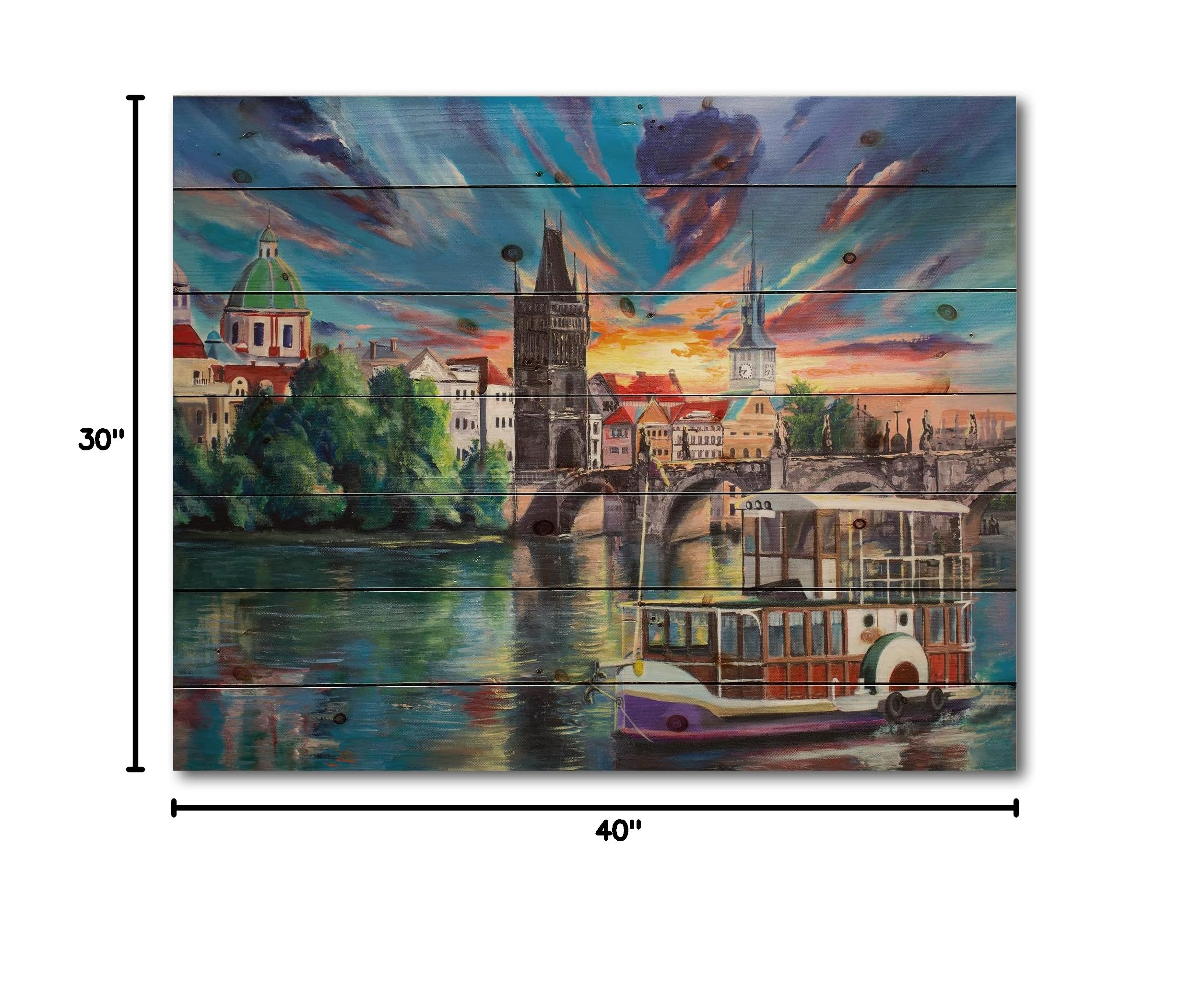 DesignQ Cityview of Prague Sunset Children's Art Wood Wall Decor - Large Green Fantasy Wood Wall Panels Printed on Natural Pine - Perfect for Nursery, Kids Room & Bohemian Home Decor