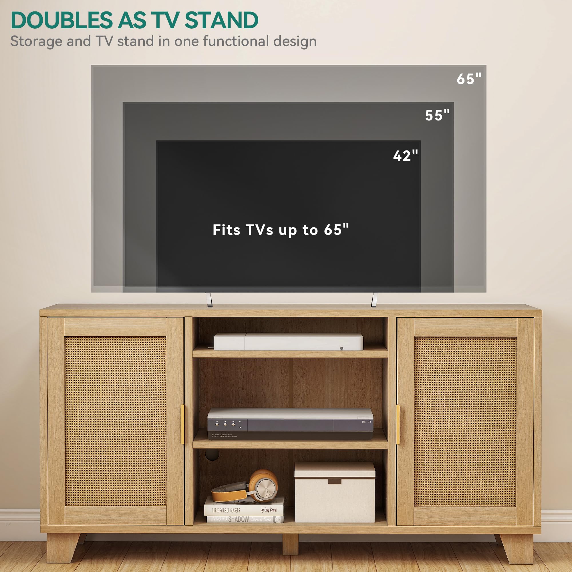 YITAHOME 65 Inch TV Stand with Rattan Doors - Boho Entertainment Center with Storage Cabinets & Adjustable Shelves, Long Media Console for Living Room, Bedroom, or Home Theater