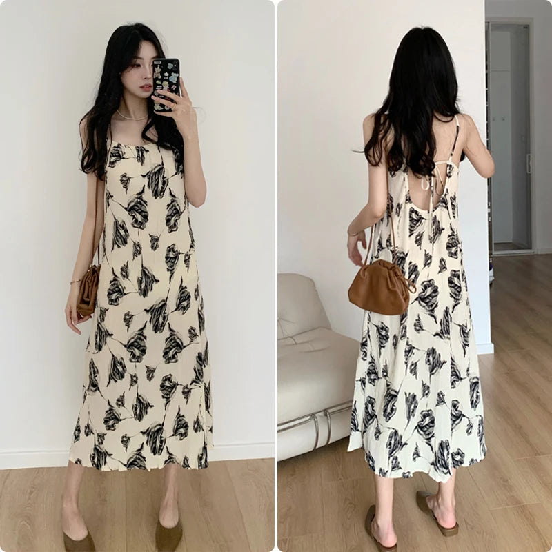 Women's Summer Beach Dress - Hollow Out Print Spaghetti Strap Square Neck Elegant Chic Dress for Vacation, Pool Party & Date Night