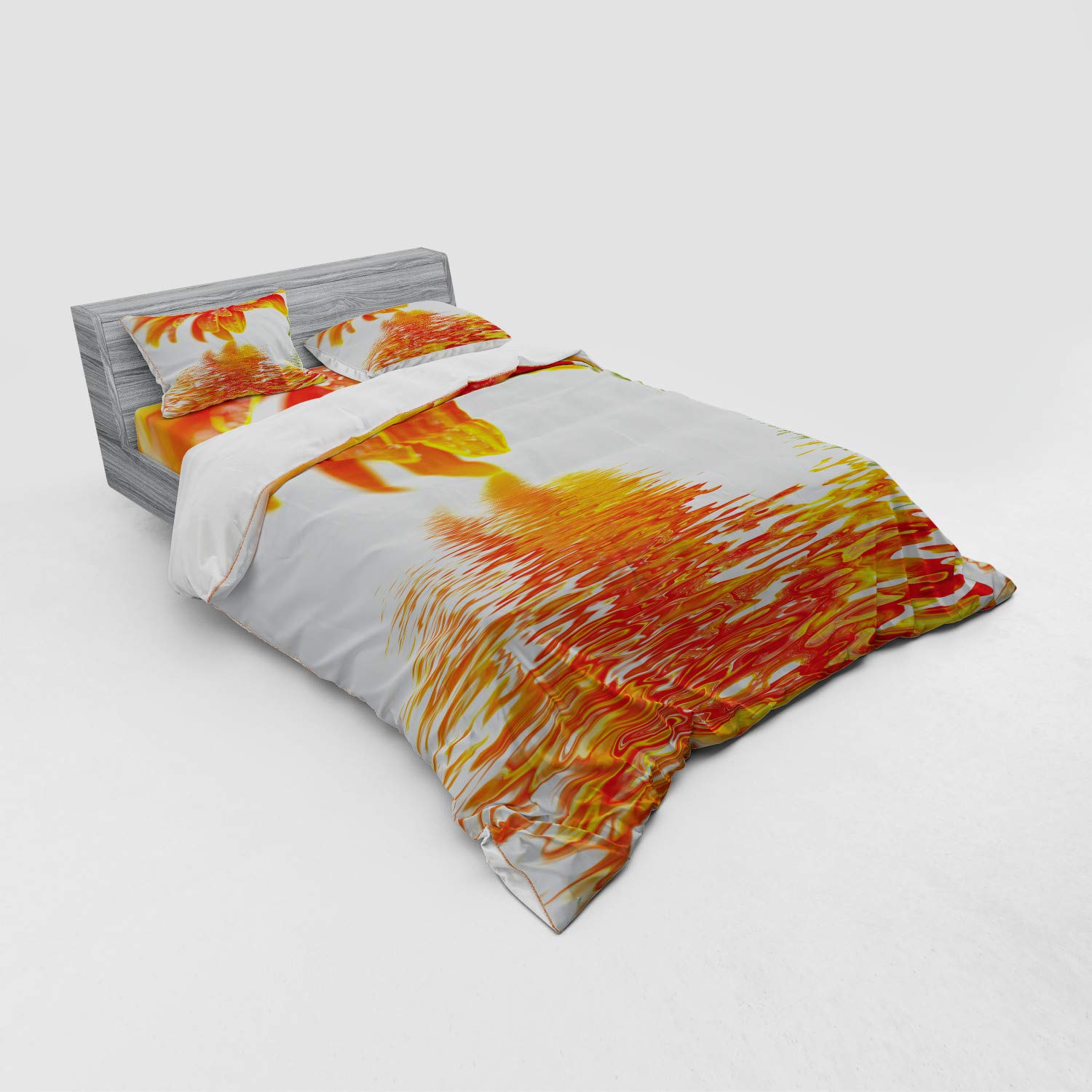 Ambesonne Sunflower Duvet Cover Set - 4 Piece Queen Size Bedding with Shams & Fitted Sheet - Vibrant Orange Floral Design with Water Reflection Pattern - Perfect for Spring/Summer Bedroom Decor & Guest Room Styling