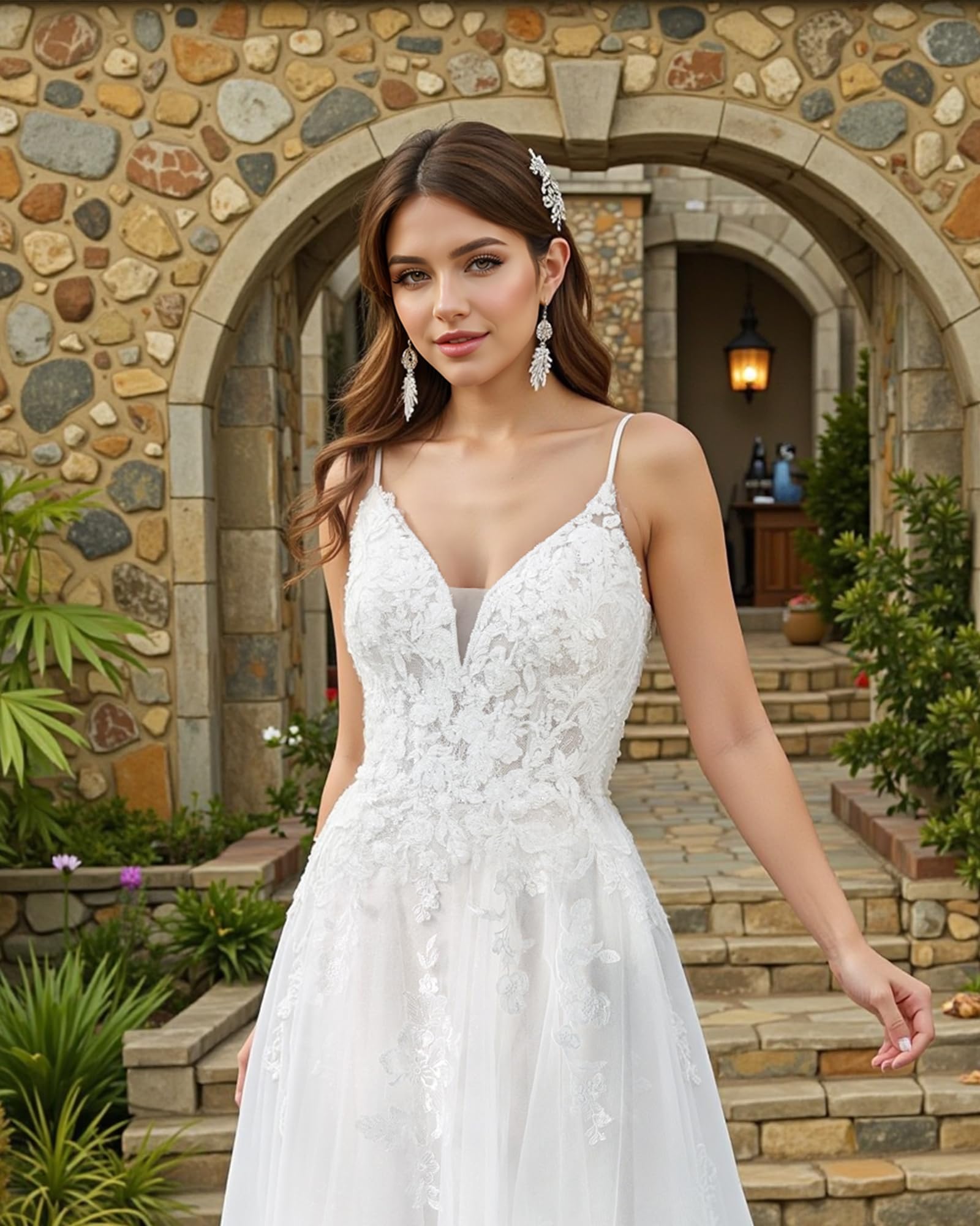 JAEDEN 2025 Lace Tulle Wedding Dress for Bride - Elegant V-Neck A-Line Gown for Bridal, Church, and Beach Weddings