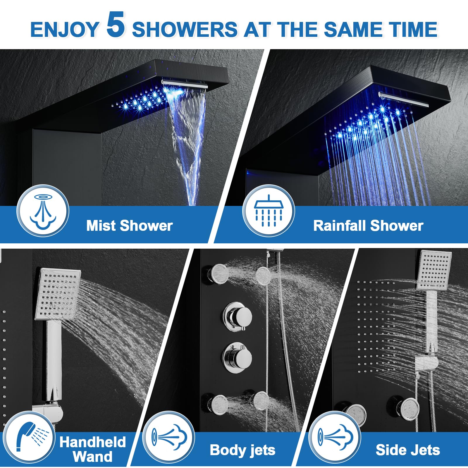**LED Shower Panel System with Rainfall & Waterfall Shower - 5 Body Jets, Handheld Spray, Temperature Display - Water-Powered LED Shower Tower Column in Stainless Steel (Black) - Perfect for Spa-Like Bathroom Upgrades**