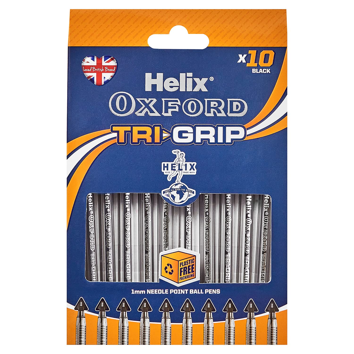Helix Oxford Tri-Grip Ballpoint Pens - 10 Pack Black Ink Pens with Ergonomic Design & Plastic-Free Packaging - Perfect for Office, School, Note Taking & Everyday Writing