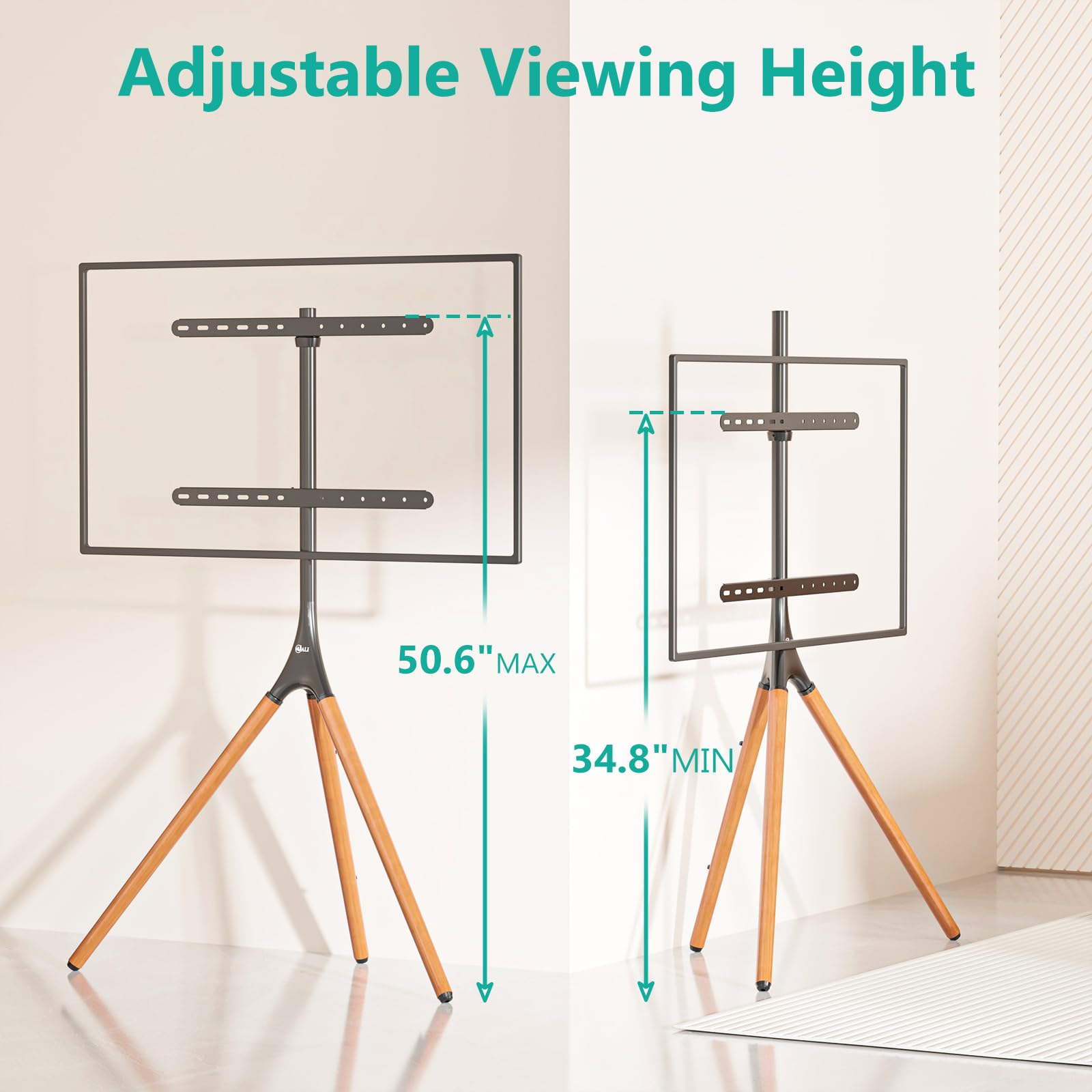 WALI Tripod TV Stand for 45-65 Inch TVs - Adjustable Height Modern Easel Floor Stand with Beech Wood Legs - Portable Corner TV Mount for Living Room, Bedroom, Office & Studio (Black, TFS001XL) - Perfect for Home Entertainment & Professional Spaces