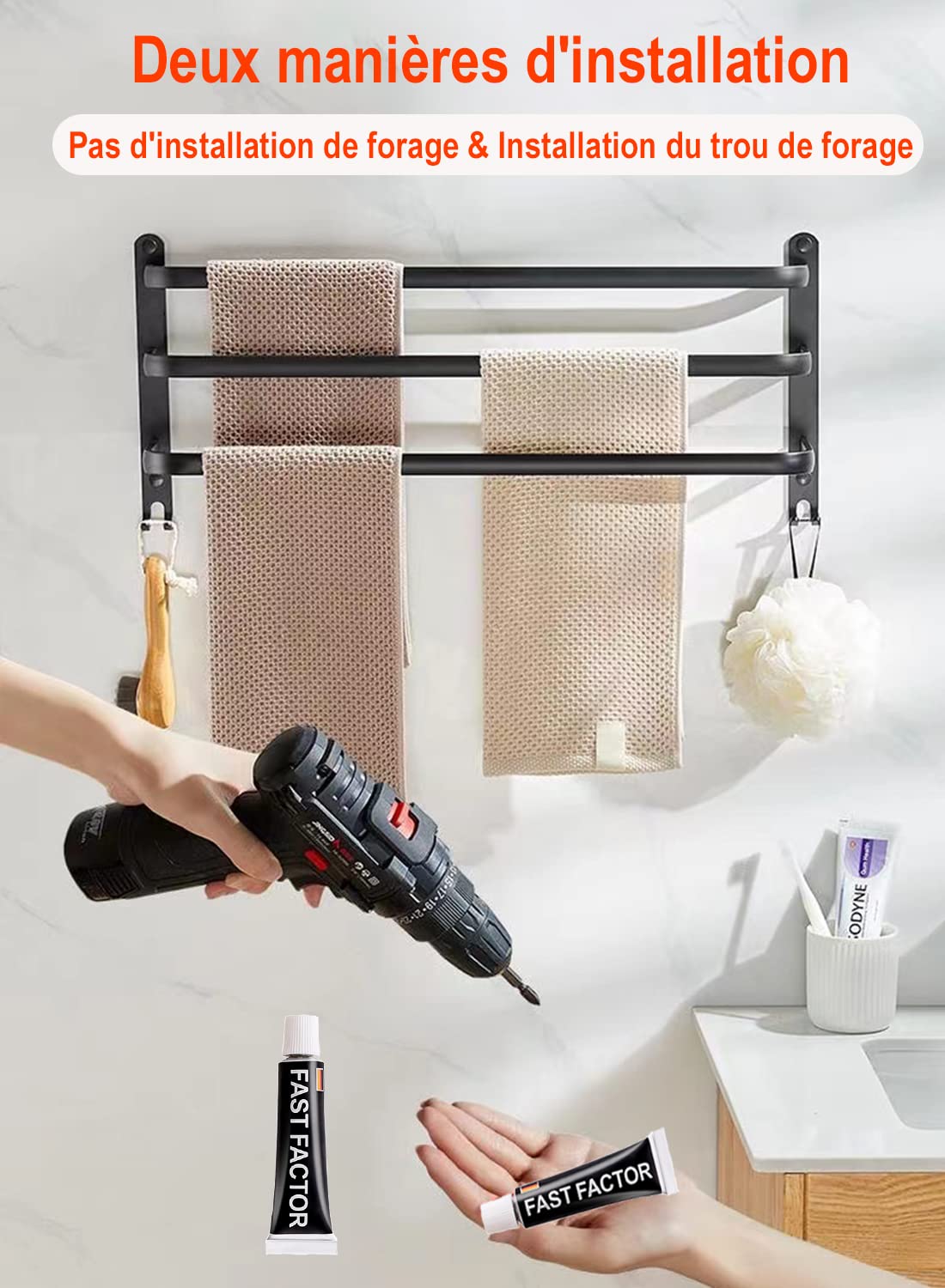 60cm No Drill Black Wall Mounted Towel Rail - Bathroom & Kitchen Towel Holder for Hand, Dish & Bath Towels - Space Saving Bathroom Accessory Set for Small Spaces