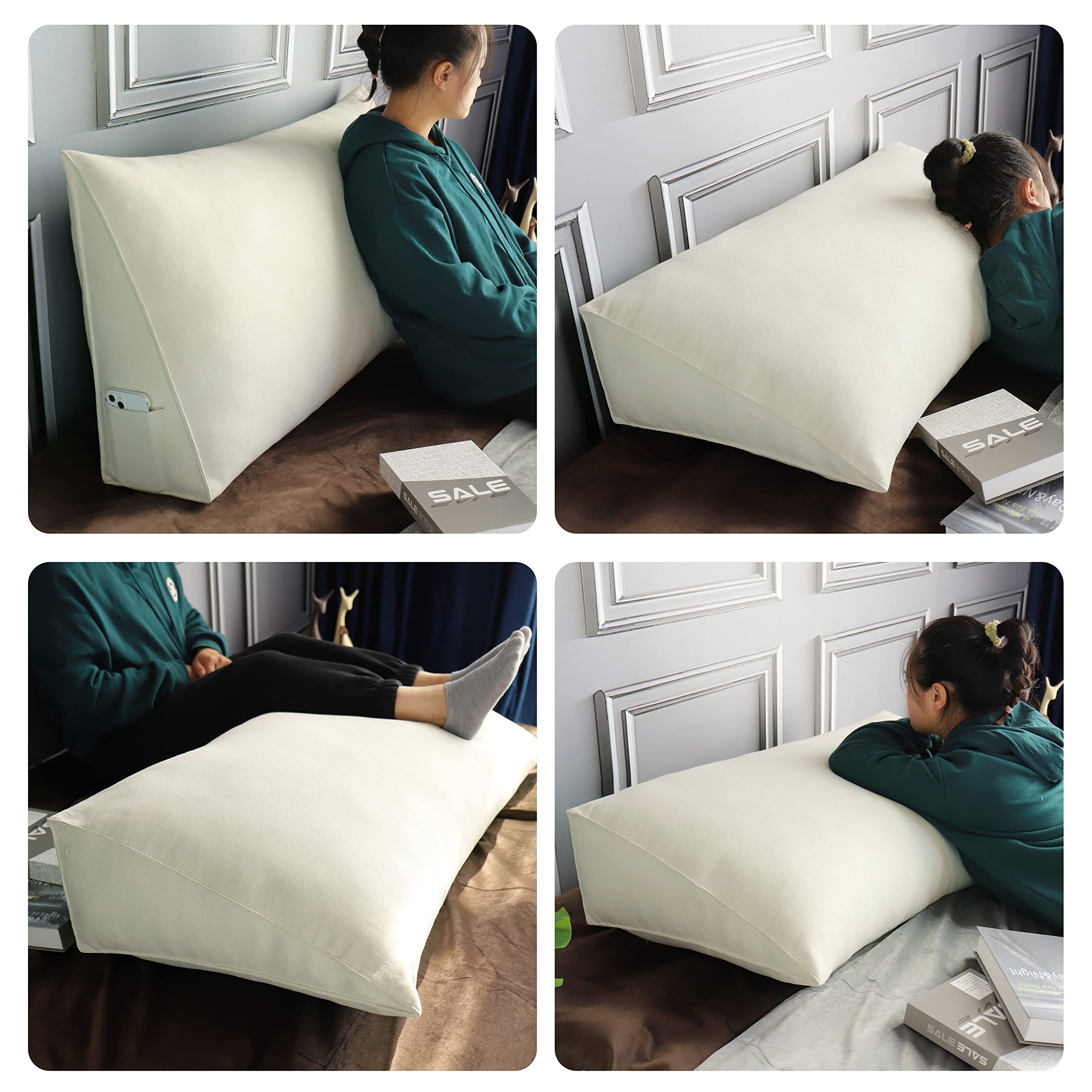Triangular Headboard Pillow - Large Wedge Bolster Pillow for Sofa & Bed Support - Cotton Linen Upholstered Backrest with Lumbar Cushion (Ivory, Twin Size) - Perfect for Reading, Lounging & Back Pain Relief