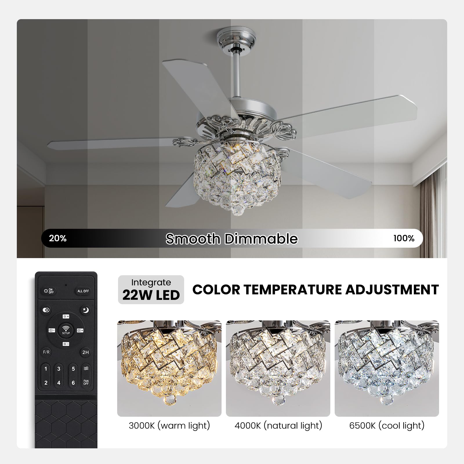CROSSIO 52 Inch Modern Crystal Ceiling Fan with Dimmable LED Light - Remote Control Reversible Chandelier Fan for Bedroom, Living Room & Dining Room - Chrome Finish - Energy Efficient Cooling & Stylish Home Decor