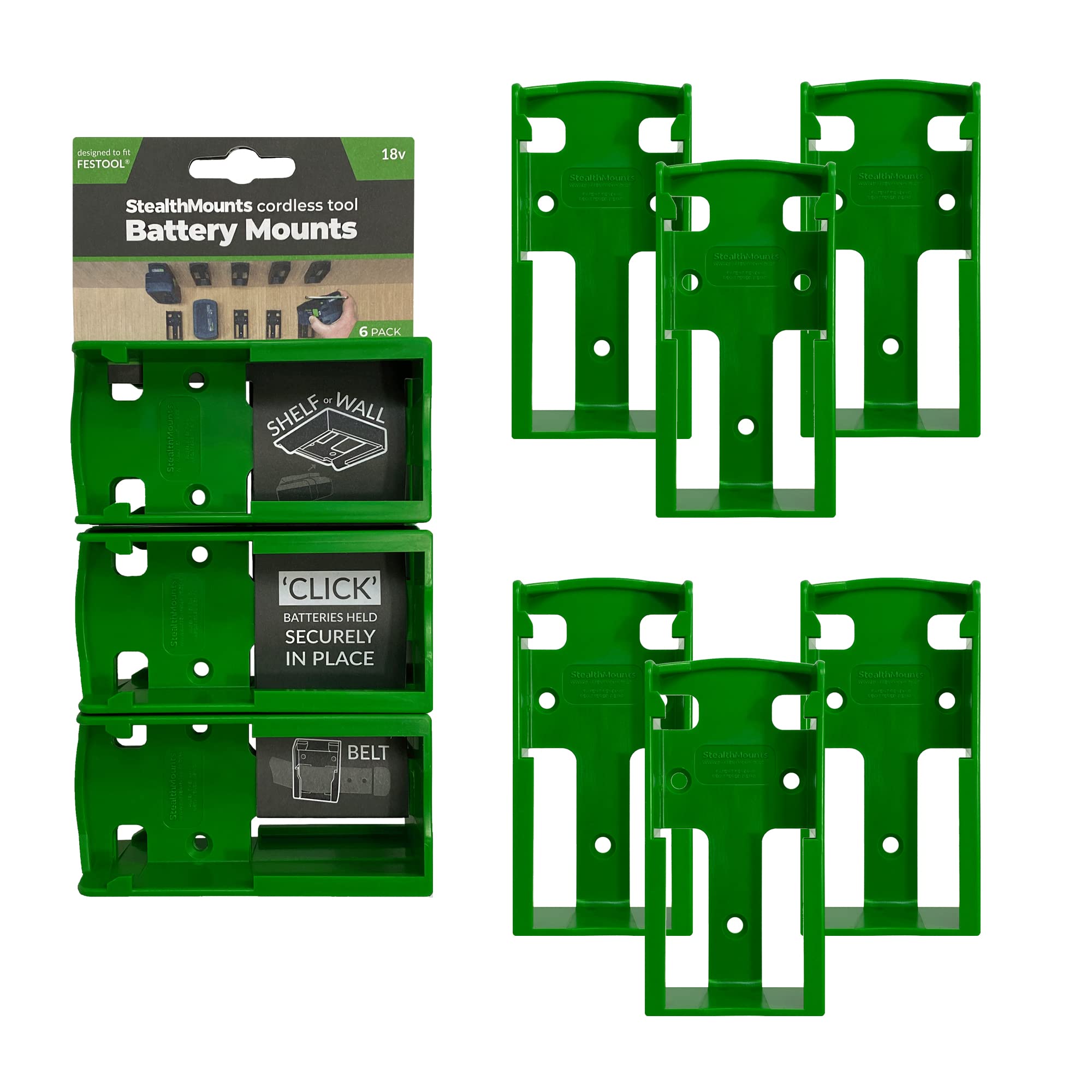 StealthMounts 6-Pack Power Tool Battery Holders - Secure Cordless Battery Mounts & Organizers for Festool, DeWalt, Milwaukee Tools | Workshop & Garage Storage Solution