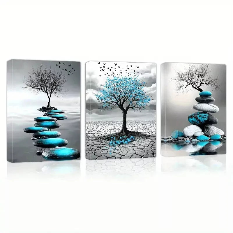 3-Piece Abstract Blue Leaves & Stones Dry Land Wall Art Set - Framed Canvas 50x70cm | High Quality Print | 100% Australian Made | Ready to Hang | Perfect for Living Room, Bedroom & Office Decor