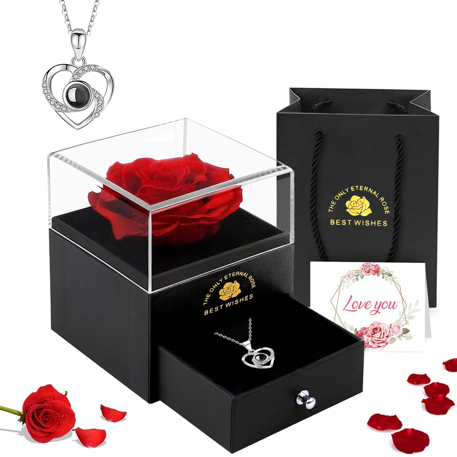 EGEKTBH Preserved Eternal Rose Gift Box with 'Love You' Necklace - Perfect Mother's Day, Birthday, Anniversary & Valentine's Day Gift for Her | Elegant Home Decor & Romantic Keepsake