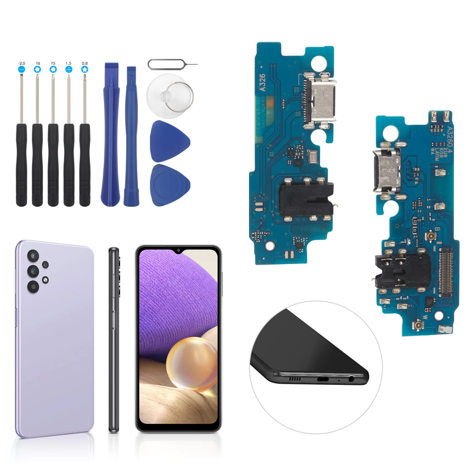 Original Title: YWLRONG USB Charging Port for Samsung Galaxy A32 5G Dock Connector Charger Board Flex Cable Assembly Replacement for A326U with Tools   Optimized Title: **Samsung Galaxy A32 5G USB Charging Port Replacement - Dock Connector & Flex Cable Assembly with Tools for A326U - Fast Charging & Data Sync - Perfect for DIY Repairs & Home Fixes**