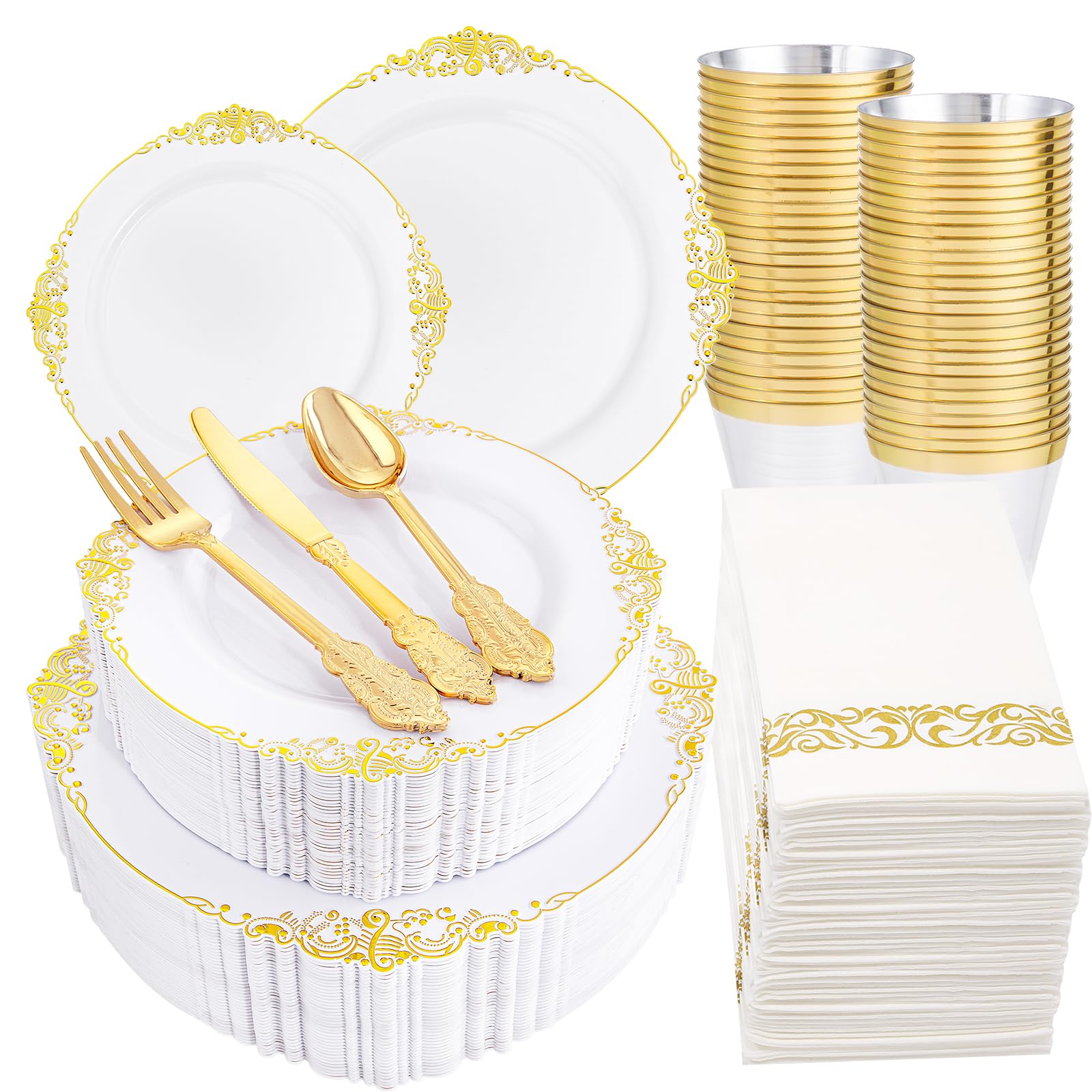 Hioasis 350-Piece White and Gold Disposable Plastic Dinnerware Set - 50 Dinner Plates, 50 Dessert Plates, 50 Forks, 50 Spoons, 50 Knives, 50 Cups & 50 Napkins - Elegant Party Supplies for Weddings, Birthdays & Events