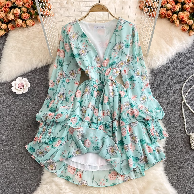 Fairy French V-Neck Ruffle Skirt Floral Chiffon Dress - Elegant Summer Party Dress for Women, Perfect for Weddings, Garden Parties & Date Nights