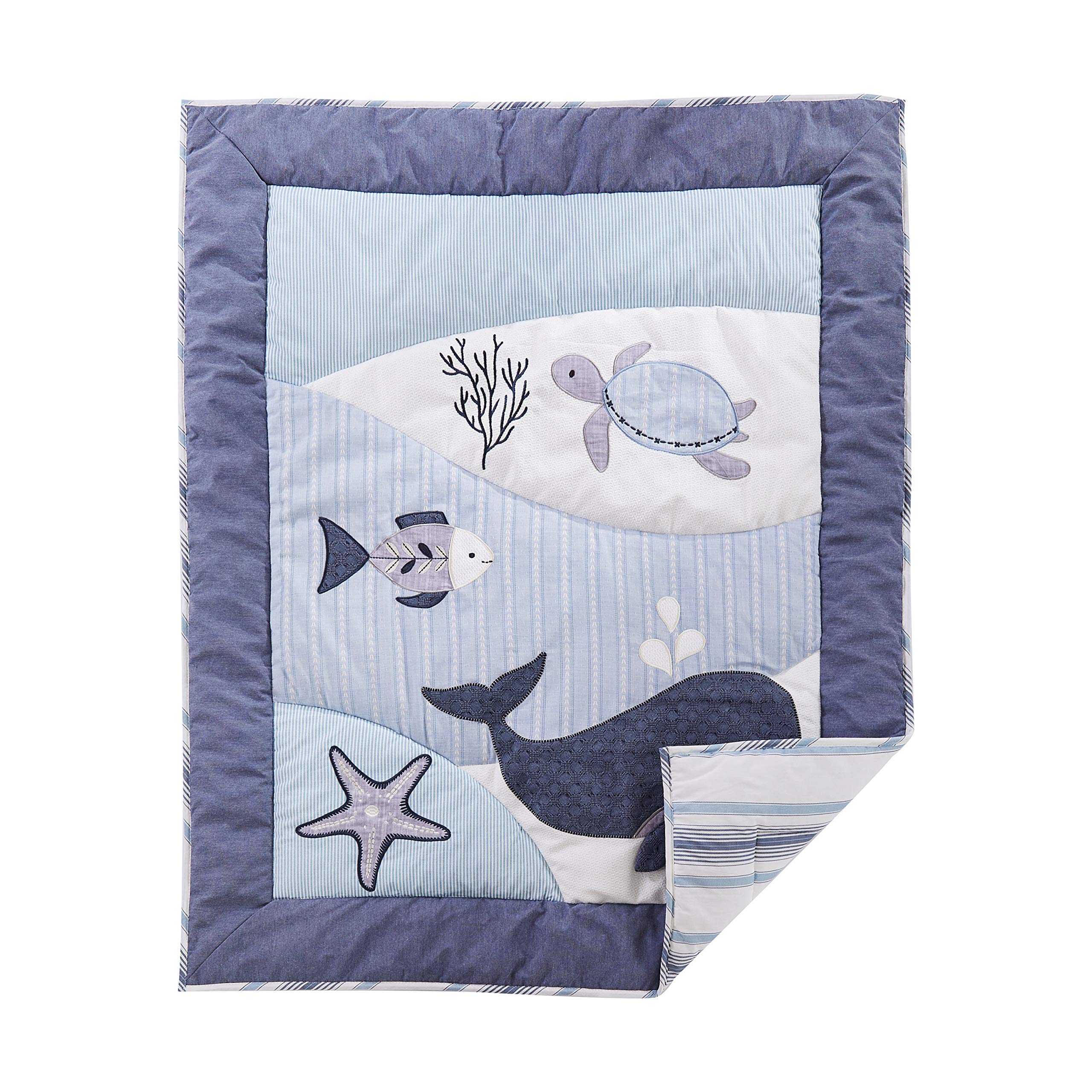 Levtex Baby Boho Bay Crib Bedding Set - 5 Piece Nursery Collection with Quilt, Fitted Sheets, Wall Decal & Dust Ruffle - Navy Blue Grey White Under The Sea Theme - Perfect for Coastal Nursery Decor & Baby Shower Gifts