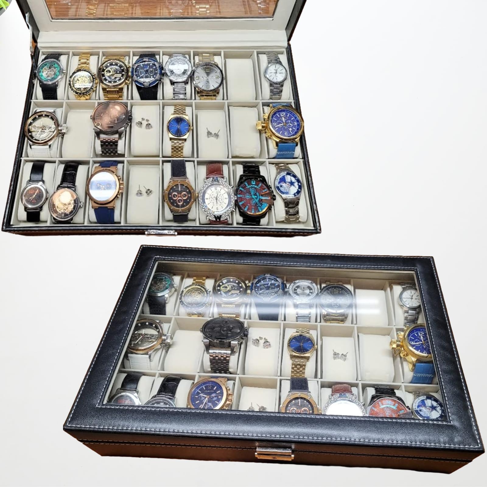 24-Slot PU Leather Watch Box with Key & Lock - Acrylic Top Display Case for Watch & Jewelry Storage Organizer | Perfect for Travel, Gift, and Home Decor