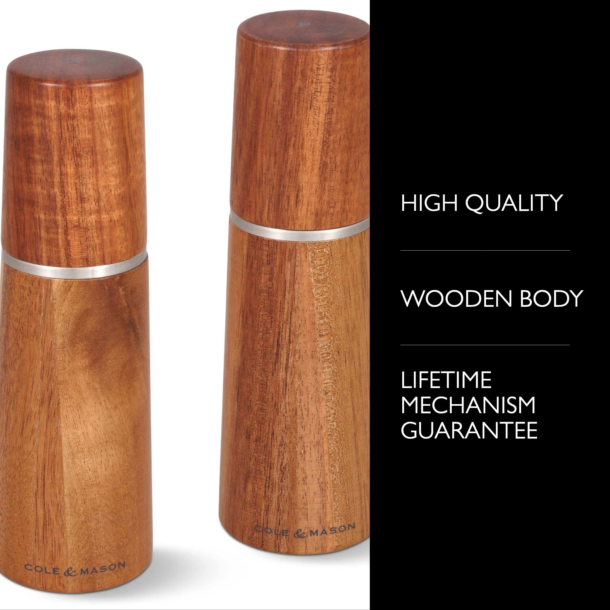 Premium Cole & Mason Marlow Wooden Salt and Pepper Grinder Set - Adjustable Coarseness, Refillable Spice Mill - Natural Acacia Wood - Perfect for Kitchen, Dining Table & Gourmet Cooking