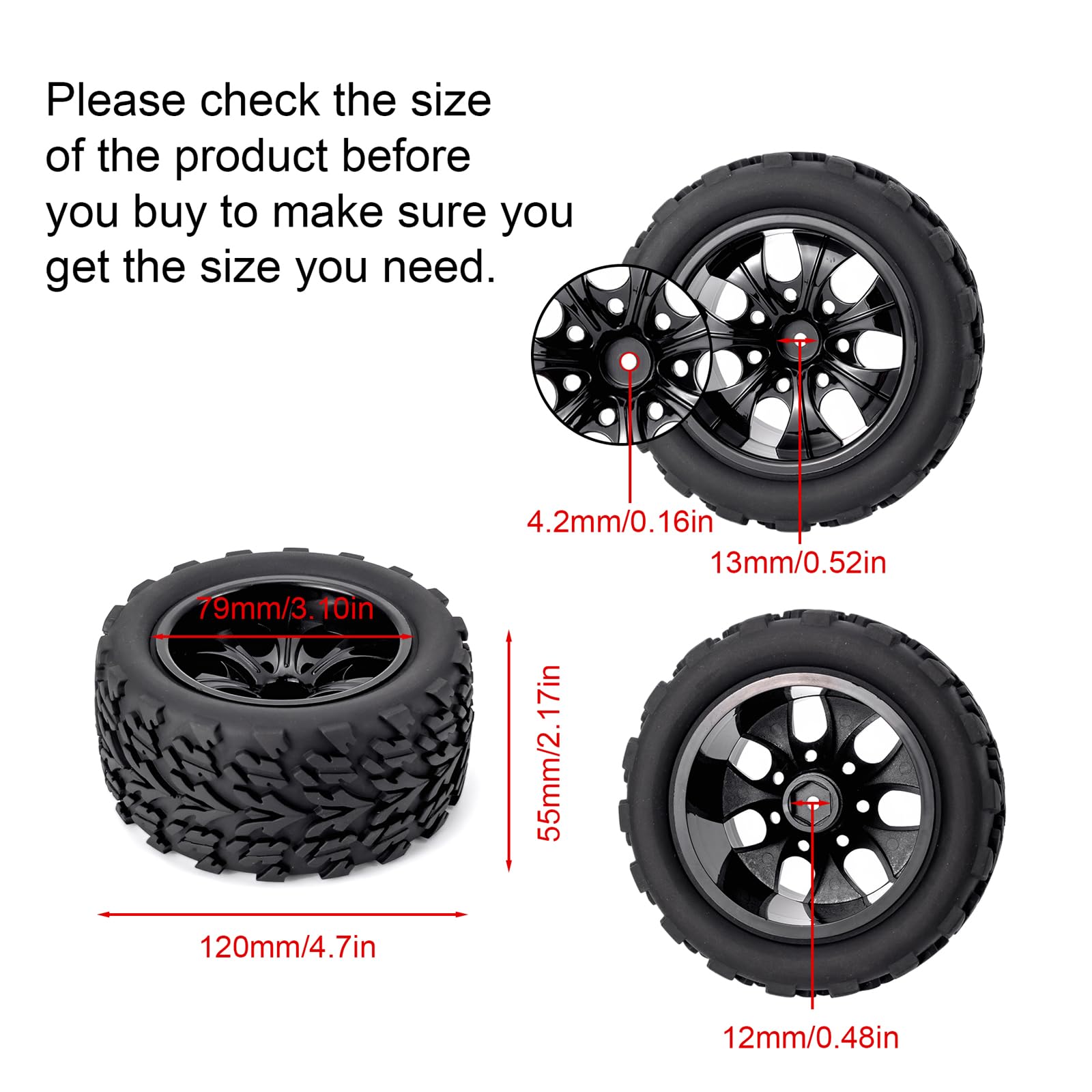 4X 1:10 Scale RC Monster Truck Wheels - Heavy Duty Rubber Tires with 7 Spoke Alloy Rims (Black) - Replacement Parts for Off-Road RC Cars - Perfect for Racing, Crawling & Bashing on Rough Terrain