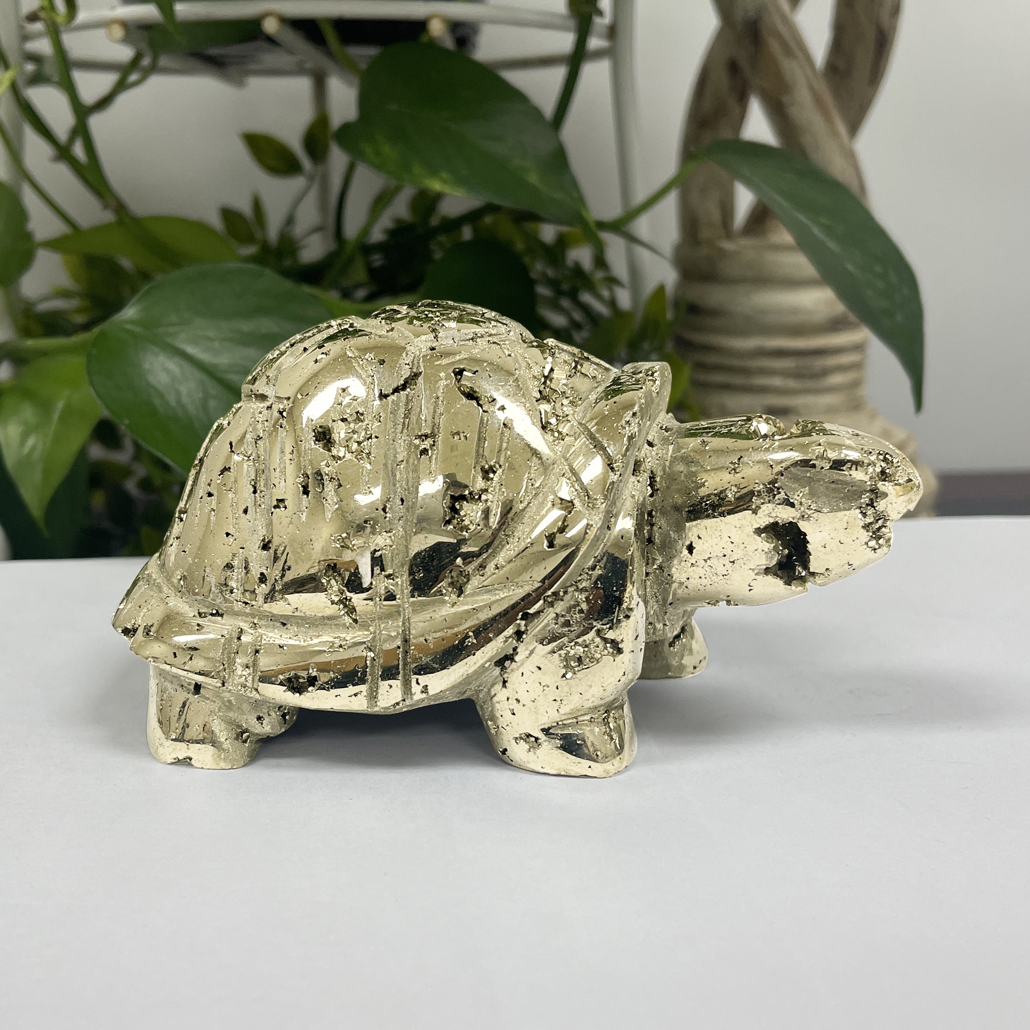Hand Carved Pyrite Turtle Figurine - Natural Stone Animal Sculpture, Gemstone Turtle Statue for Gifts, Collectors & Home Décor - Meditation, Feng Shui & Office Desk Decor