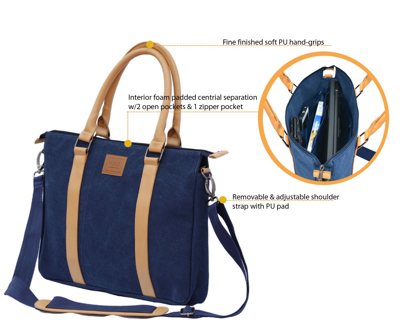 Durable 16 inch Canvas Laptop Briefcase for Men & Women - Water-Resistant Navy Blue Business Bag with USB Charging Port - Perfect for Office, Travel & Commuting
